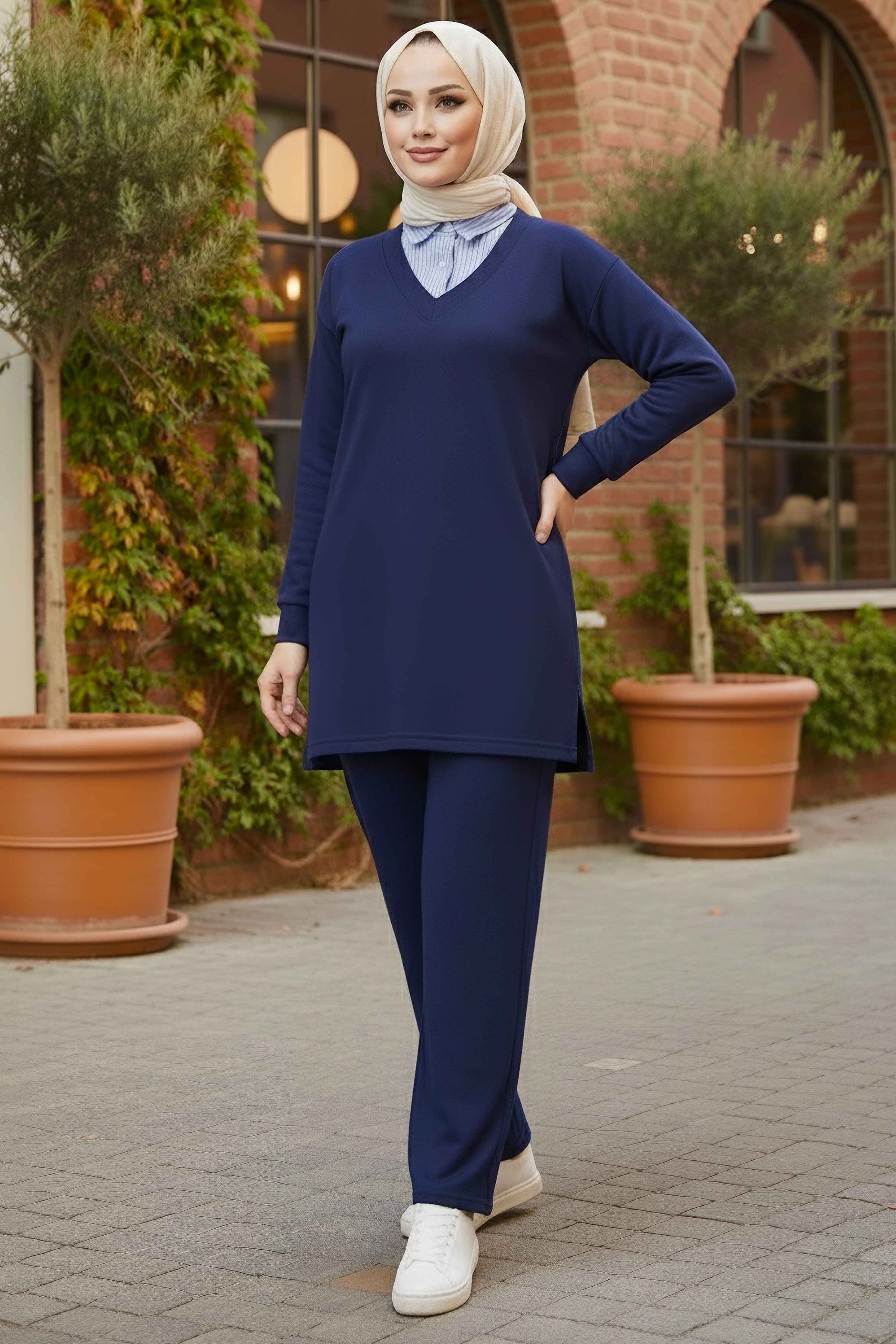 Gömlek Yaka Detaylı Modal Tunik Pantolon - 28130-LACIVERT - 1