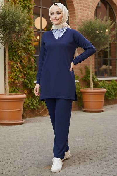 Gömlek Yaka Detaylı Modal Tunik Pantolon - 28130-LACIVERT 