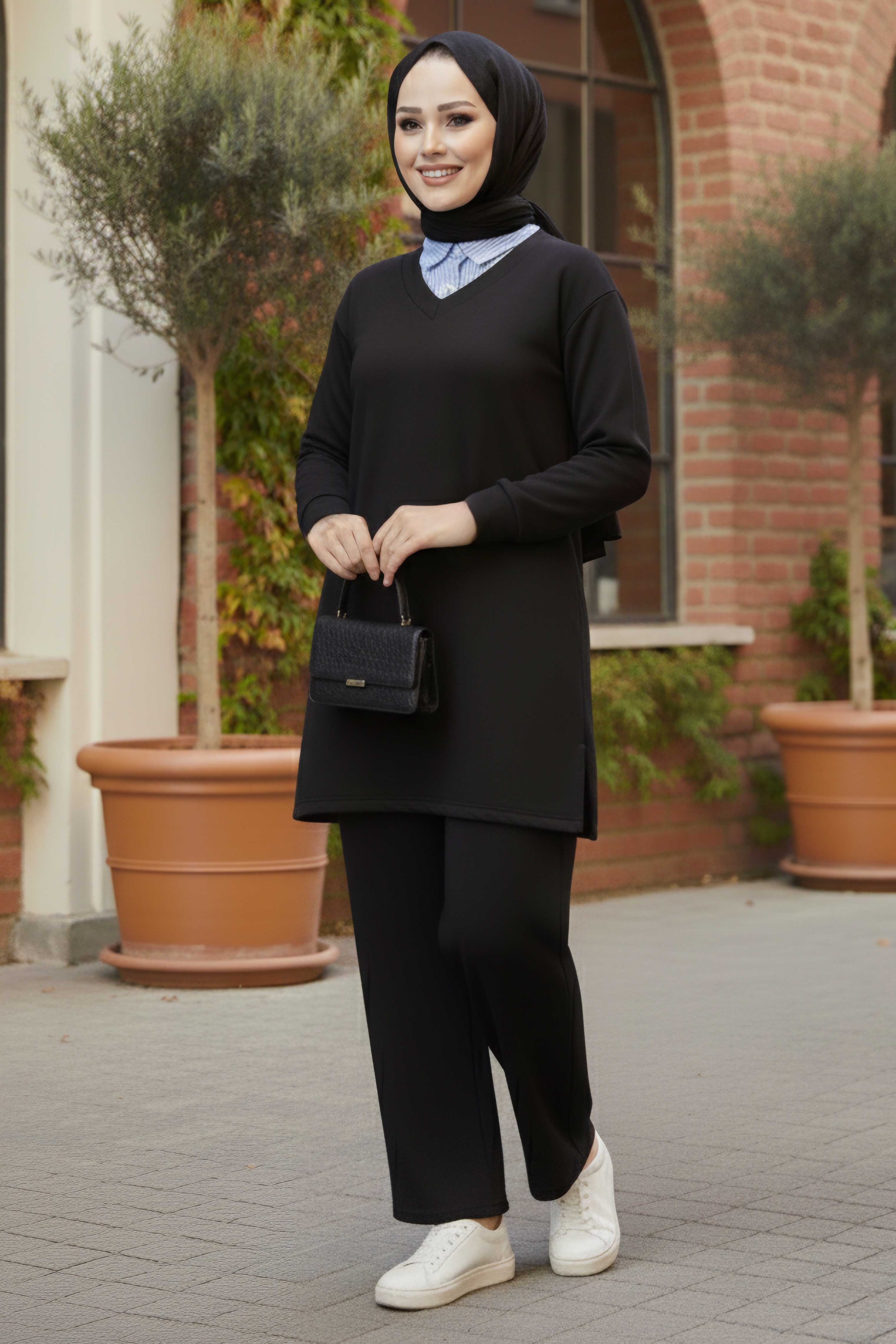 Gömlek Yaka Detaylı Modal Tunik Pantolon - 28130-SIYAH - 1