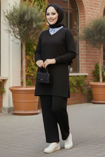 Gömlek Yaka Detaylı Modal Tunik Pantolon - 28130-SIYAH 