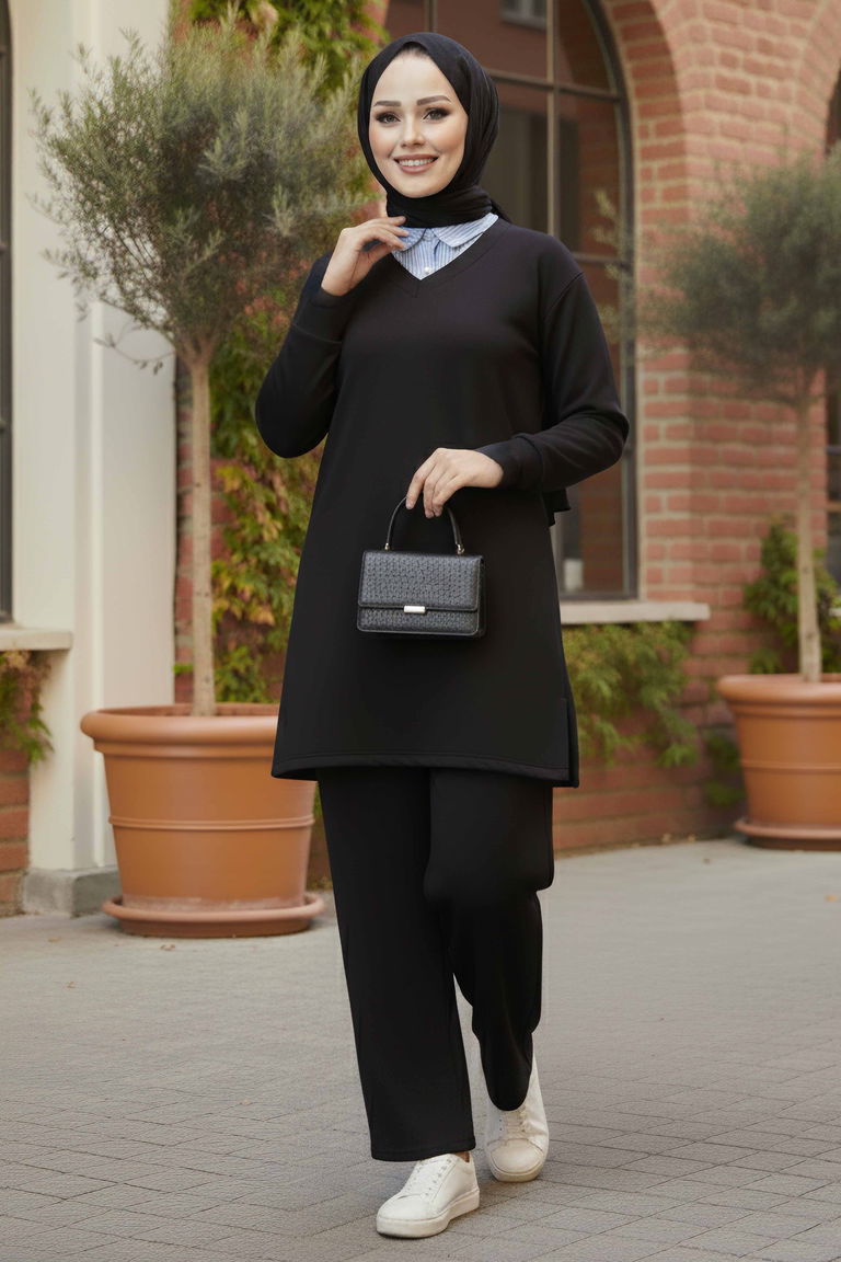 Gömlek Yaka Detaylı Modal Tunik Pantolon - 28130-SIYAH - TOFİSA