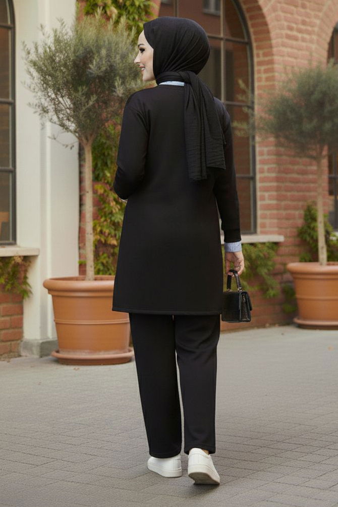 Gömlek Yaka Detaylı Modal Tunik Pantolon - 28130-SIYAH - TOFİSA