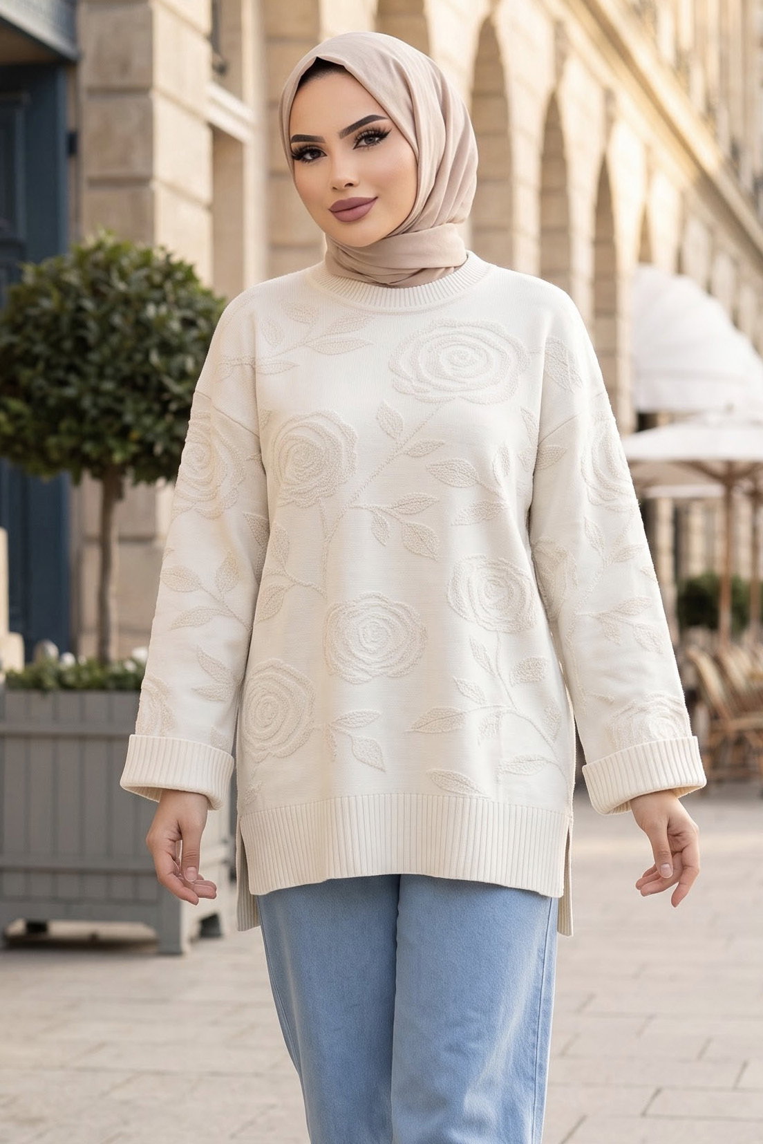 Gül Kabartma Detaylı Triko Tunik Ekru - 29281-EKRU - 1