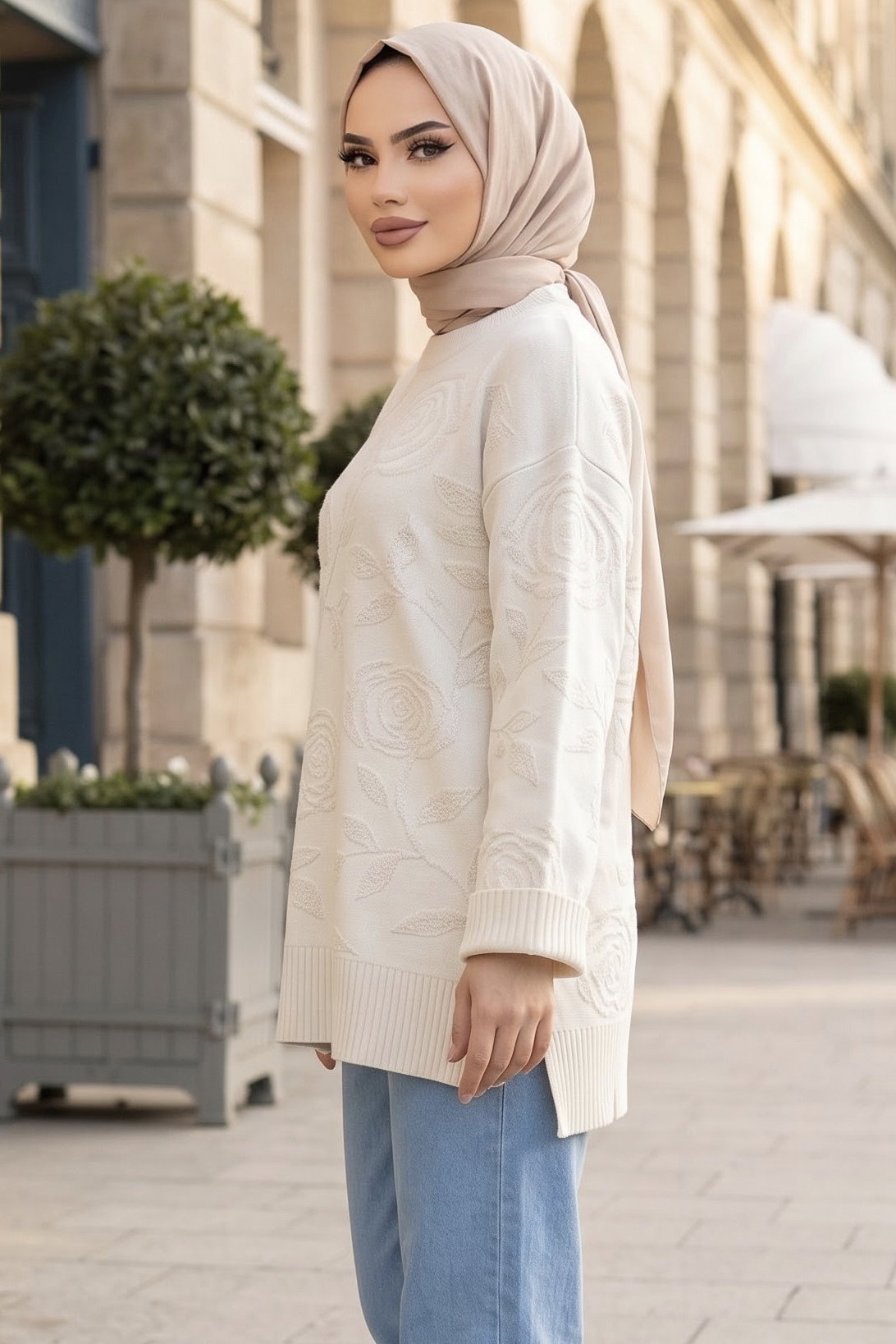 Gül Kabartma Detaylı Triko Tunik Ekru - 29281-EKRU - 2