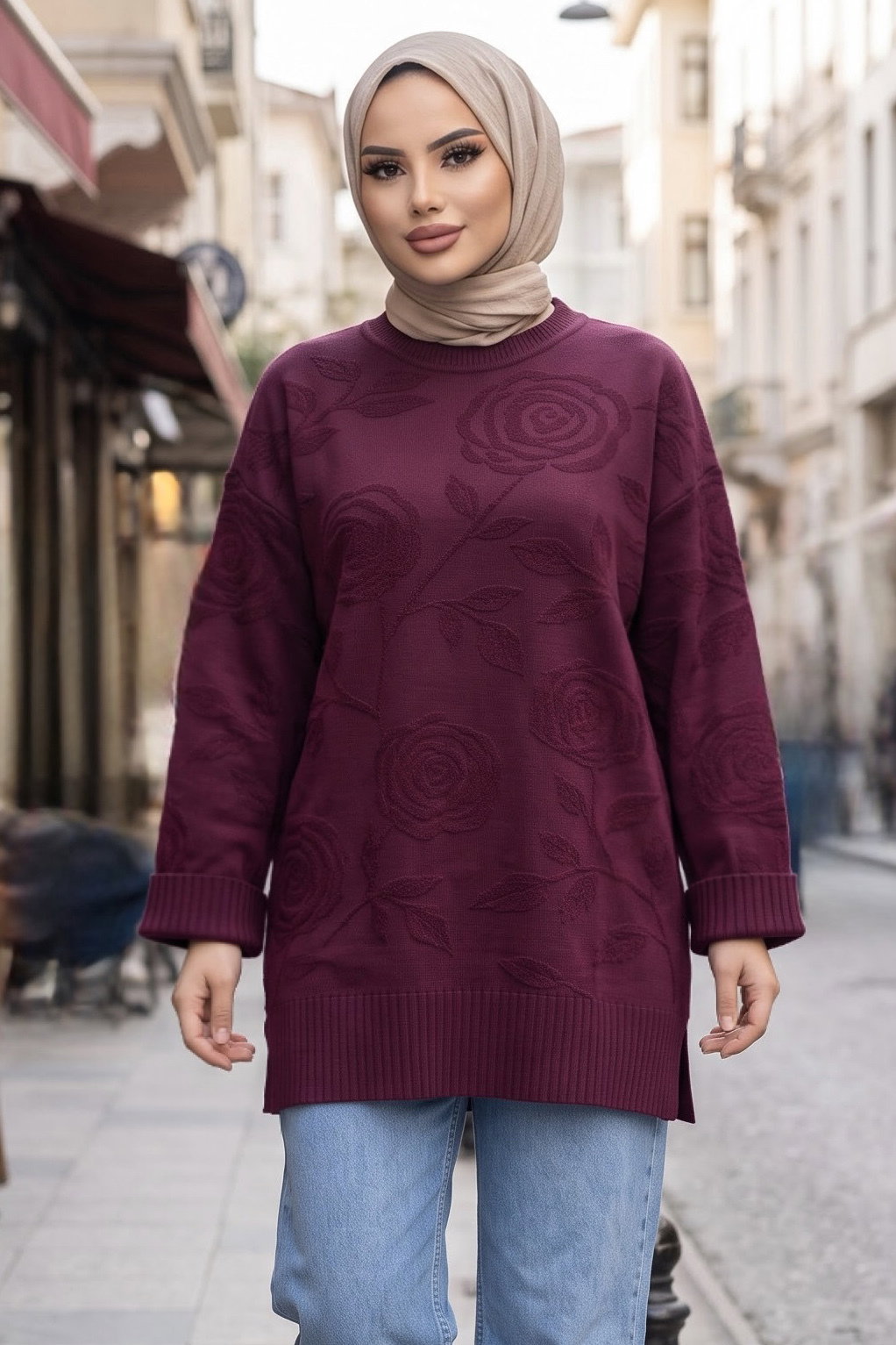 Gül Kabartma Detaylı Triko Tunik Mürdüm - 29281-MURDUM - 1