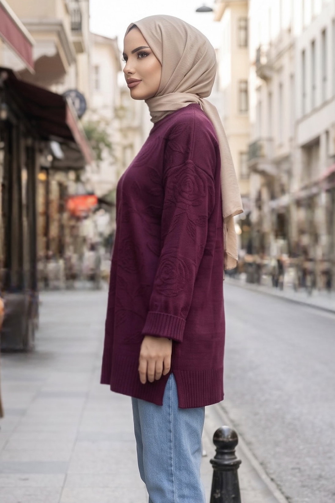 Gül Kabartma Detaylı Triko Tunik Mürdüm - 29281-MURDUM - 2