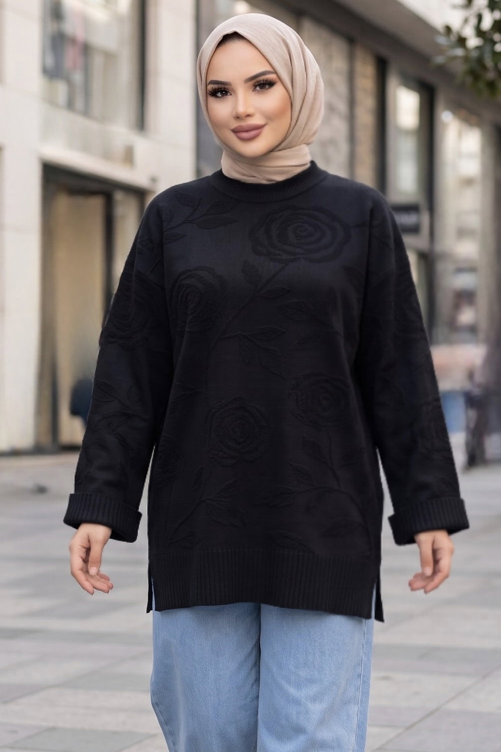 Gül Kabartma Detaylı Triko Tunik Siyah - 29281-SIYAH - 1