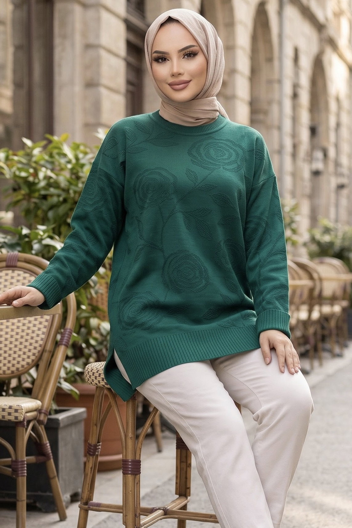 Gül Kabartma Detaylı Triko Tunik Zumrut - 29281-ZUMRUT - 1