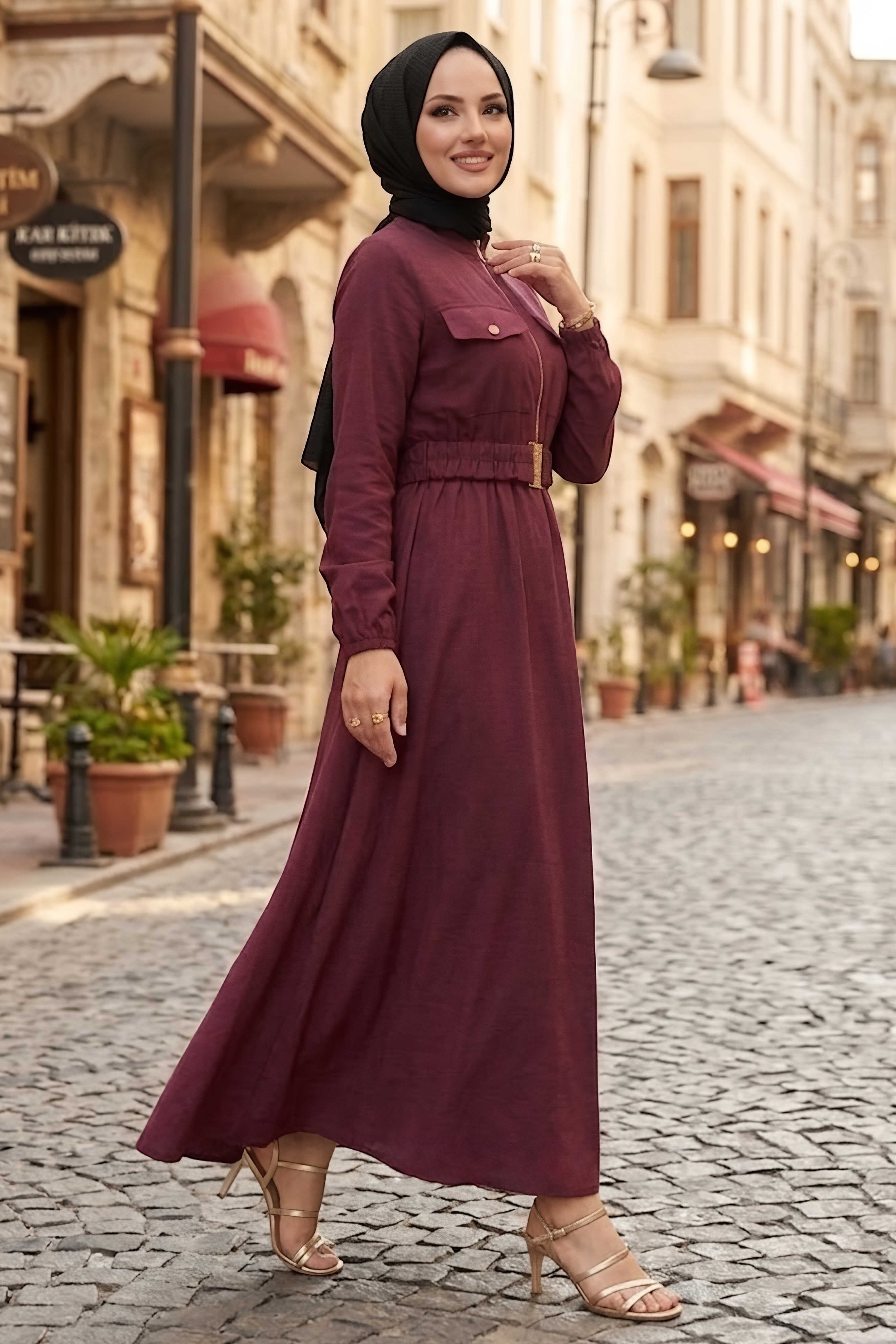 Hakim Yaka Fermuarlı Cepli Tensel Elbise Bordo - 28569-BORDO - 2