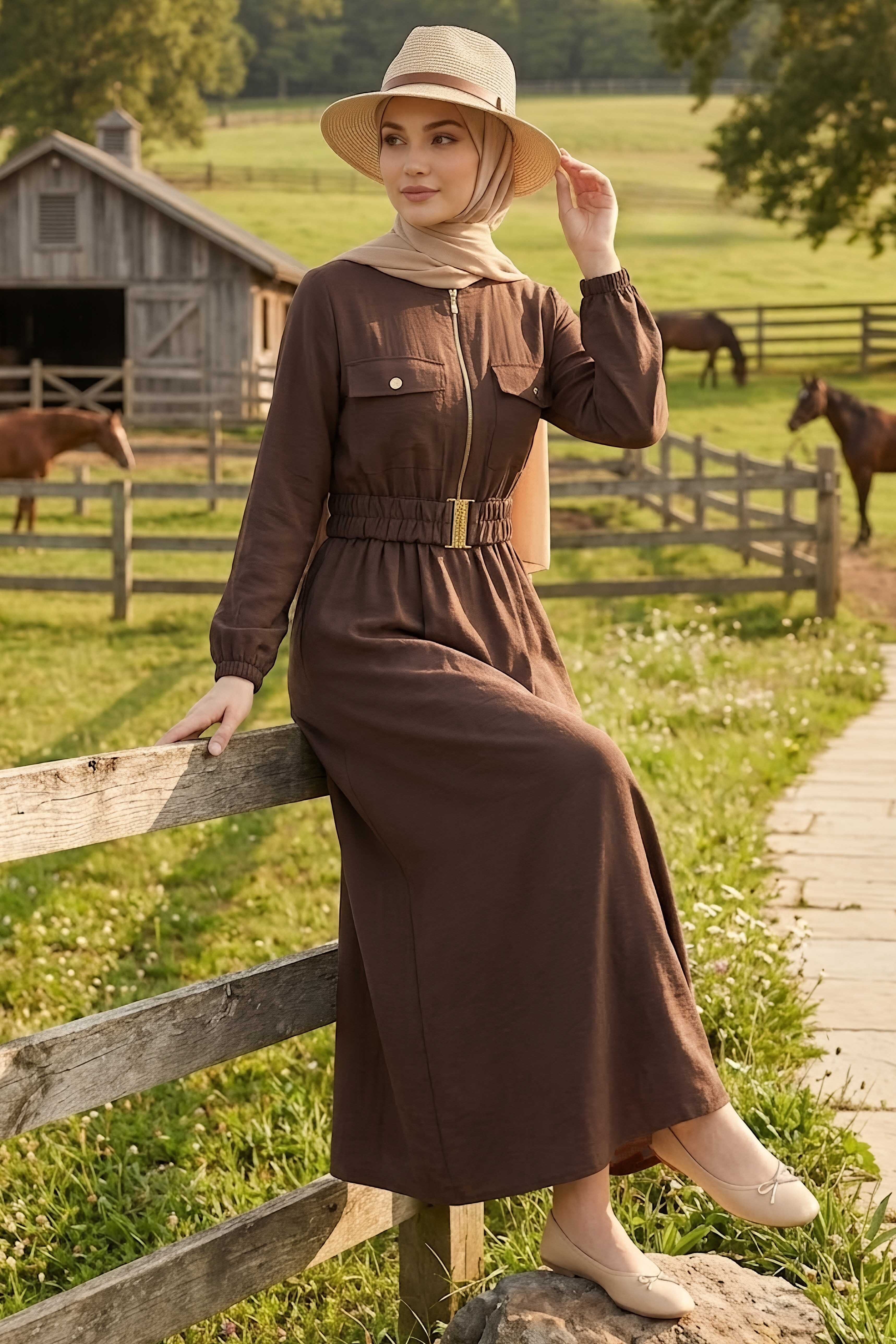 Hakim Yaka Fermuarlı Cepli Tensel Elbise Kahve - 28569-KAHVE - 1