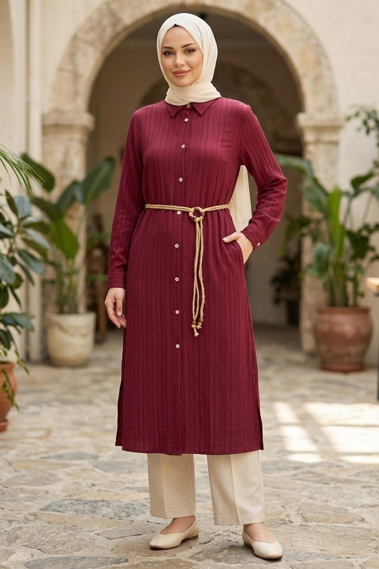 Hasır Kemerli Düğmeli Elbise Bordo - 28545-BORDO - 1