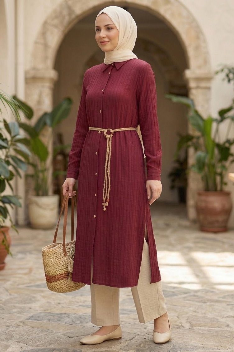 Hasır Kemerli Düğmeli Elbise Bordo - 28545-BORDO - 2