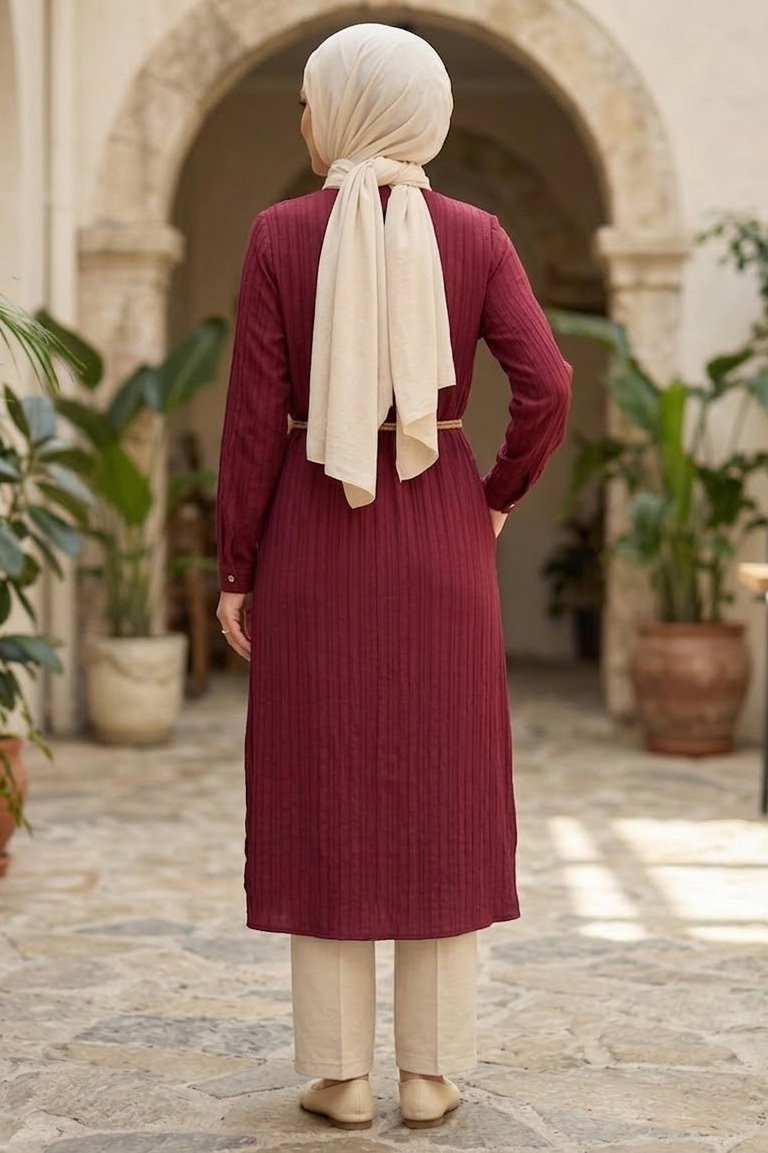 Hasır Kemerli Düğmeli Elbise Bordo - 28545-BORDO - 3