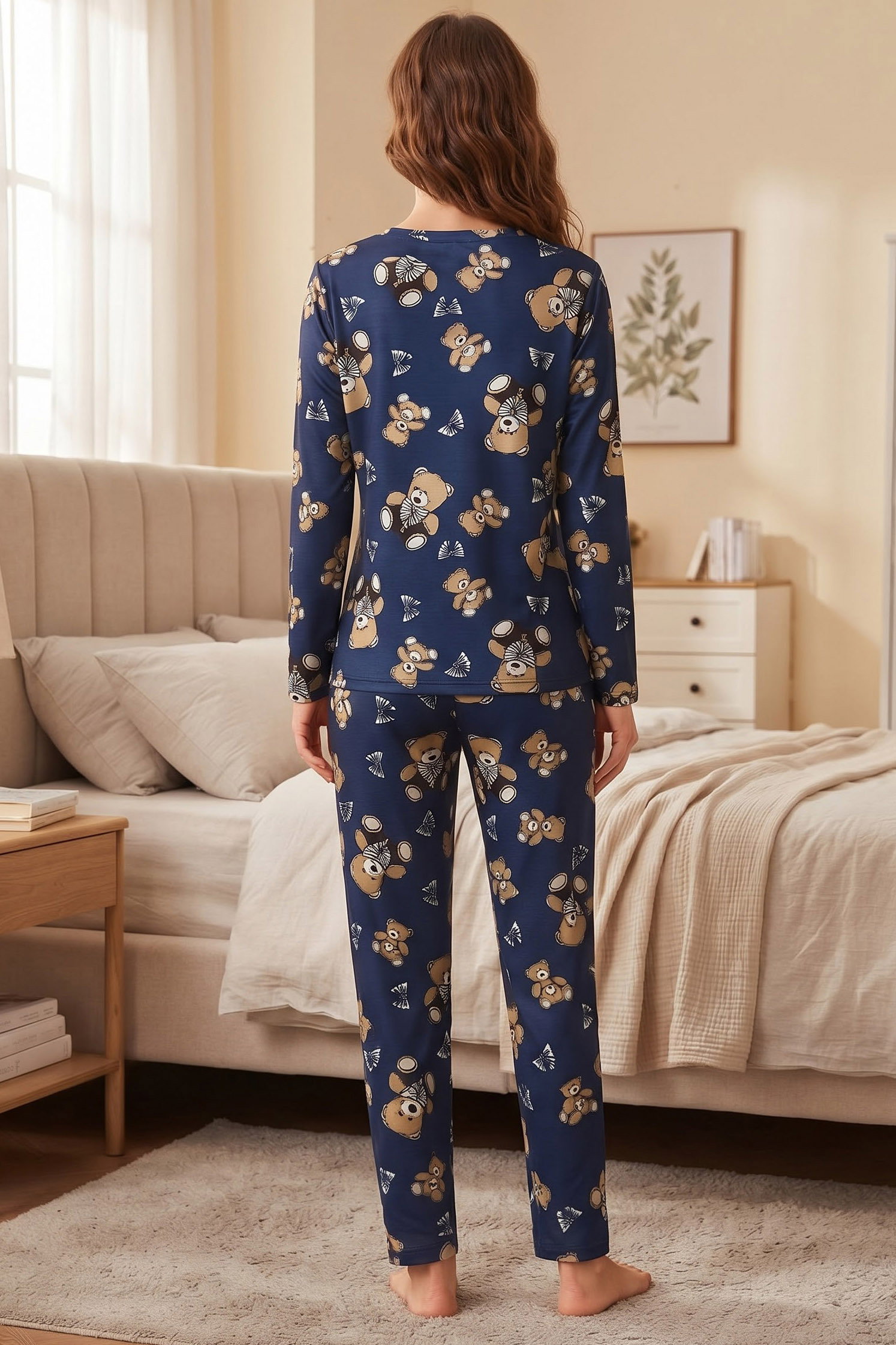 Hayvan Figür Baskılı Süet Pijama Takımı Lacivert - 40503-LACIVERT - 2