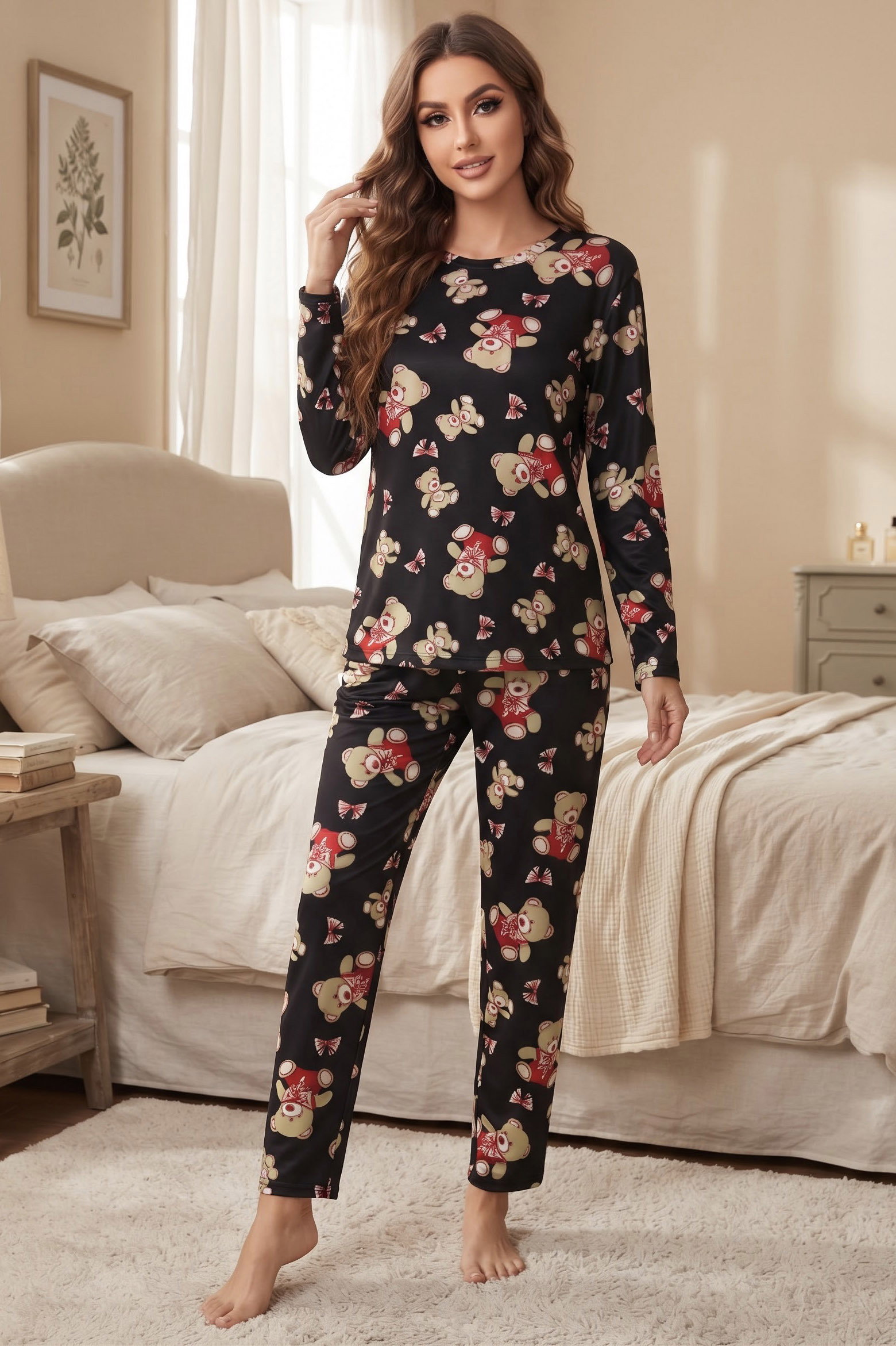 Hayvan Figür Baskılı Süet Pijama Takımı Siyah - 40503-SIYAH - 1