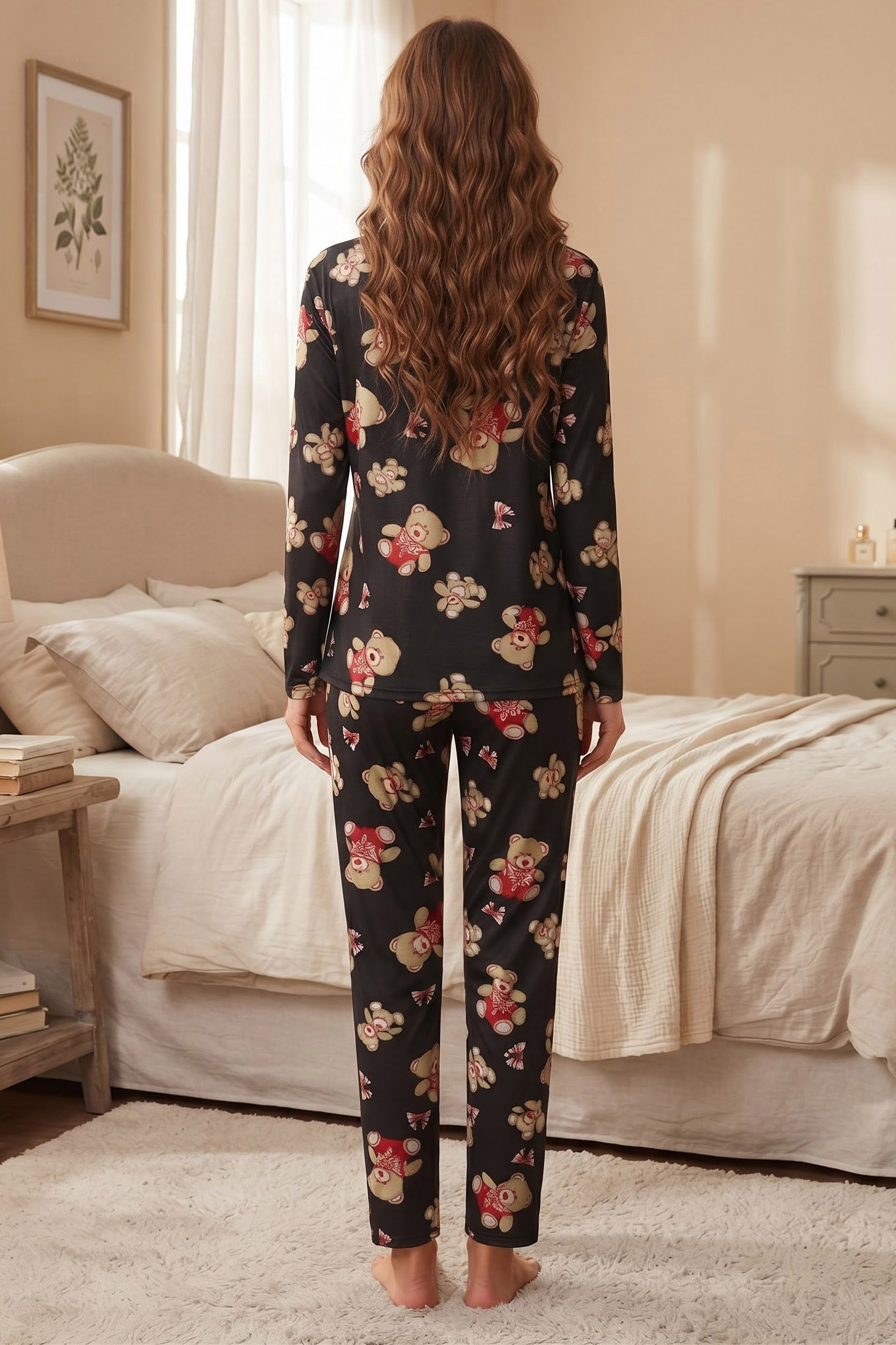 Hayvan Figür Baskılı Süet Pijama Takımı Siyah - 40503-SIYAH - 2