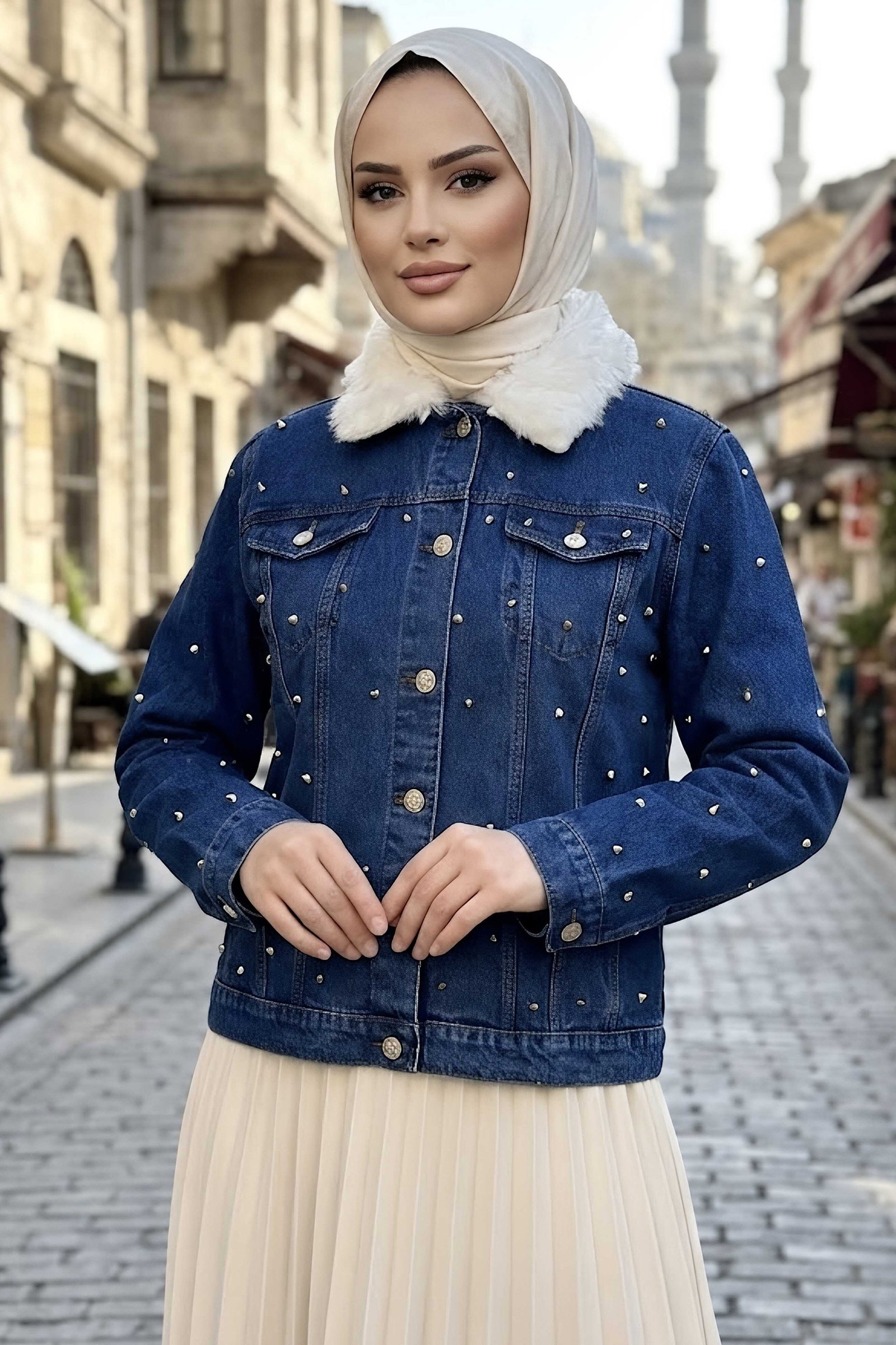 İğne Detaylı Kot Ceket Mavi - 29038-MAVI - 1