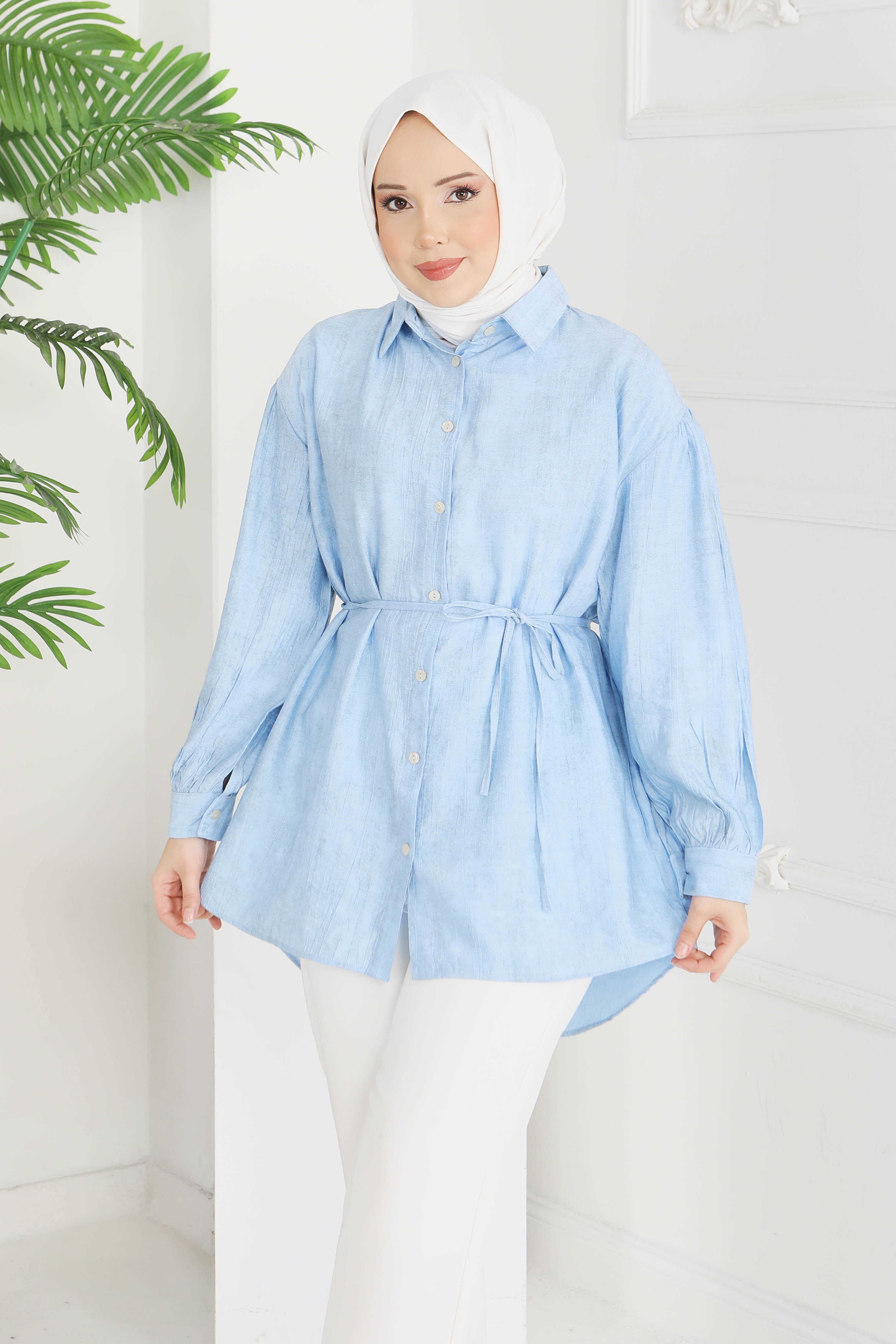 İnce Kemerli Düğmeli Tunik - 28217-BEBE-MAVI - 1