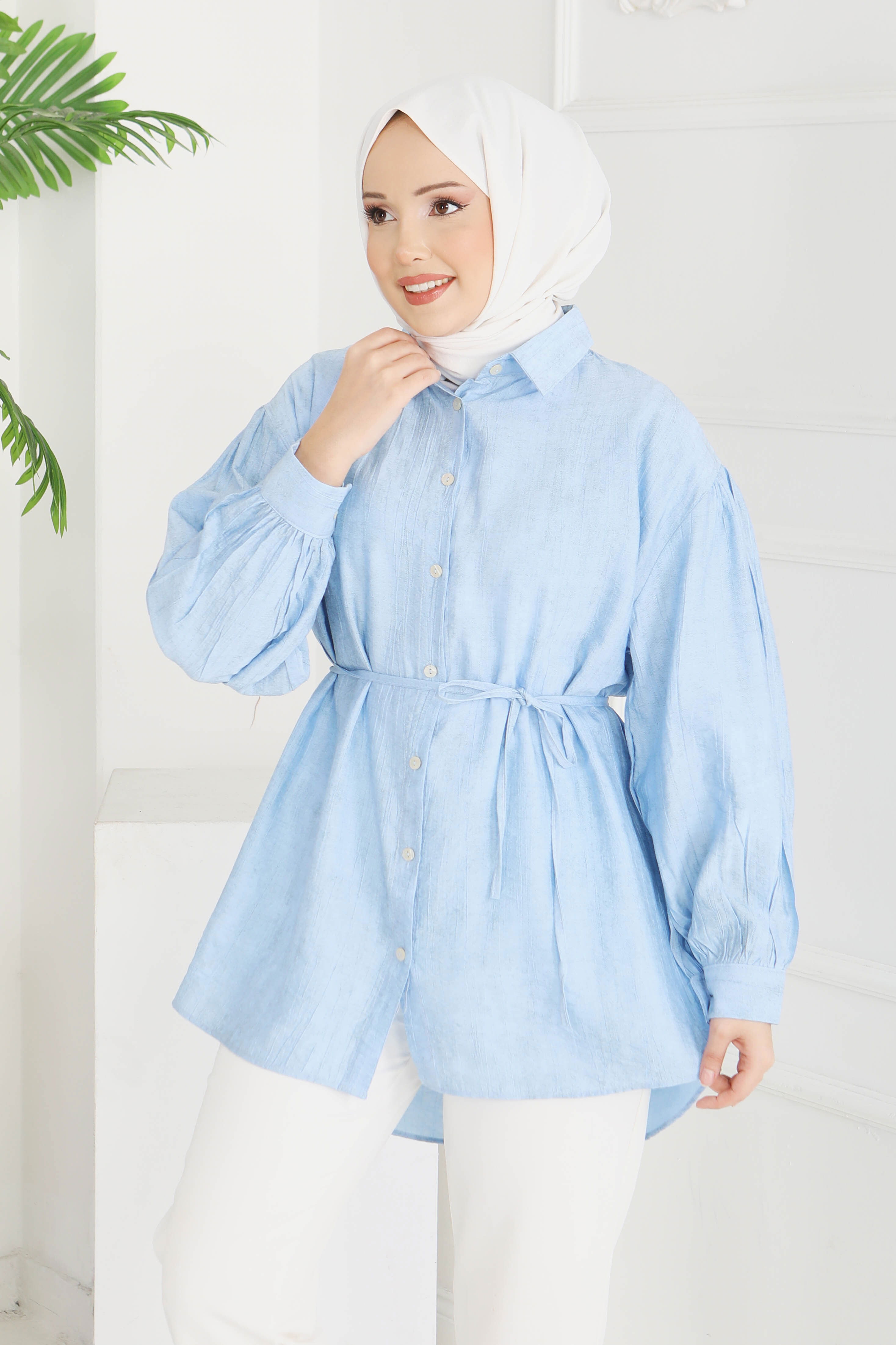 İnce Kemerli Düğmeli Tunik - 28217-BEBE-MAVI - 2