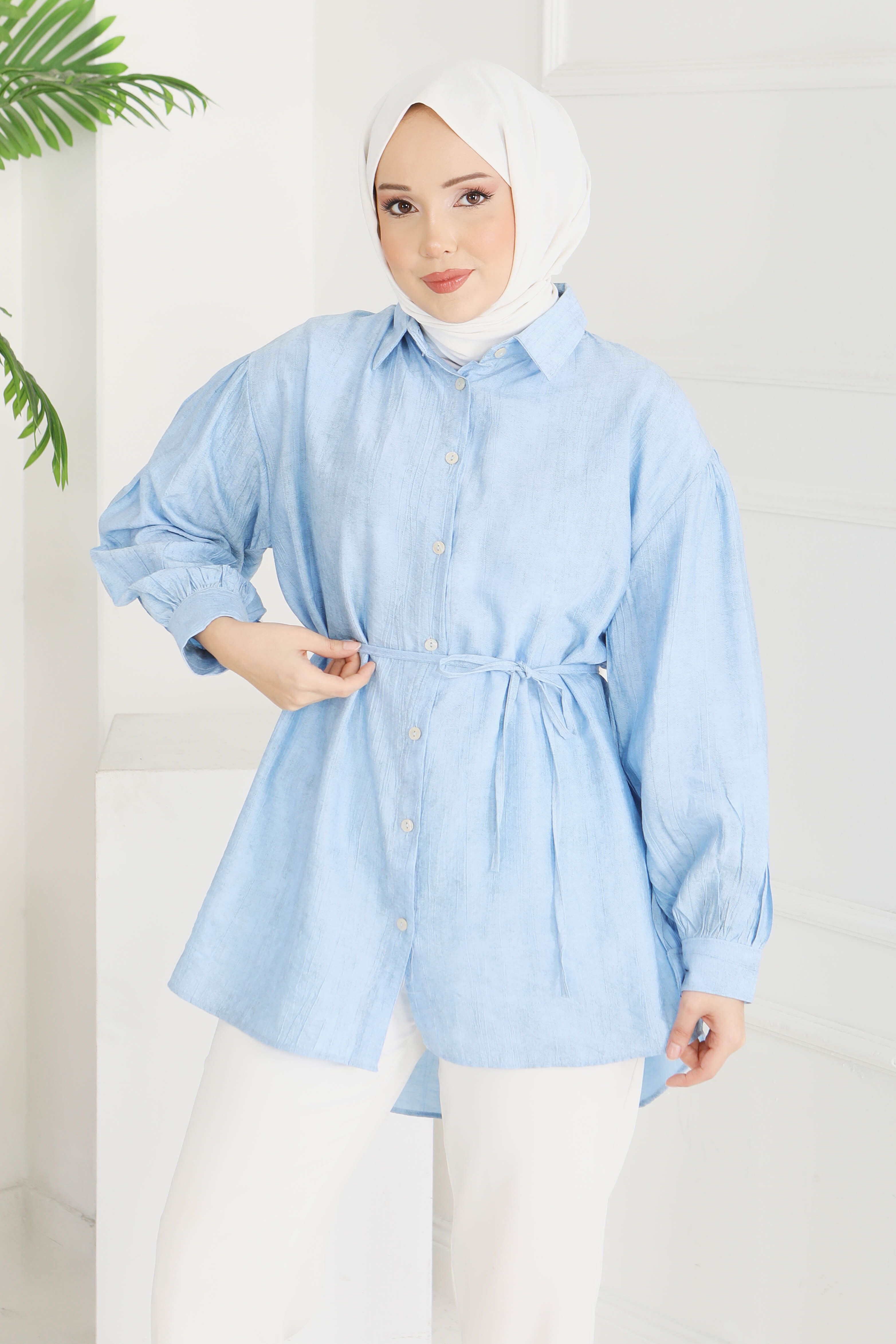 İnce Kemerli Düğmeli Tunik - 28217-BEBE-MAVI - 3