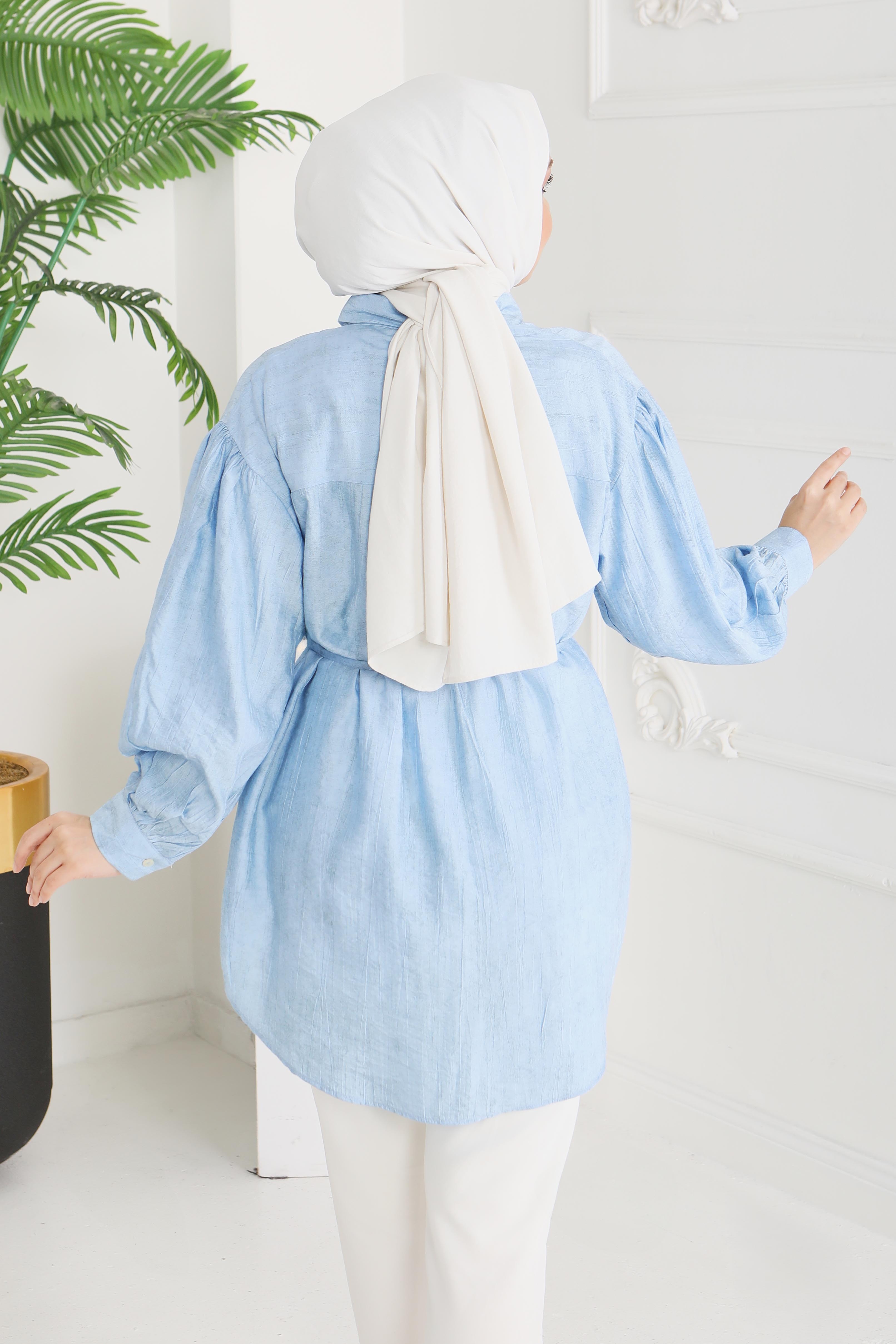 İnce Kemerli Düğmeli Tunik - 28217-BEBE-MAVI - 4