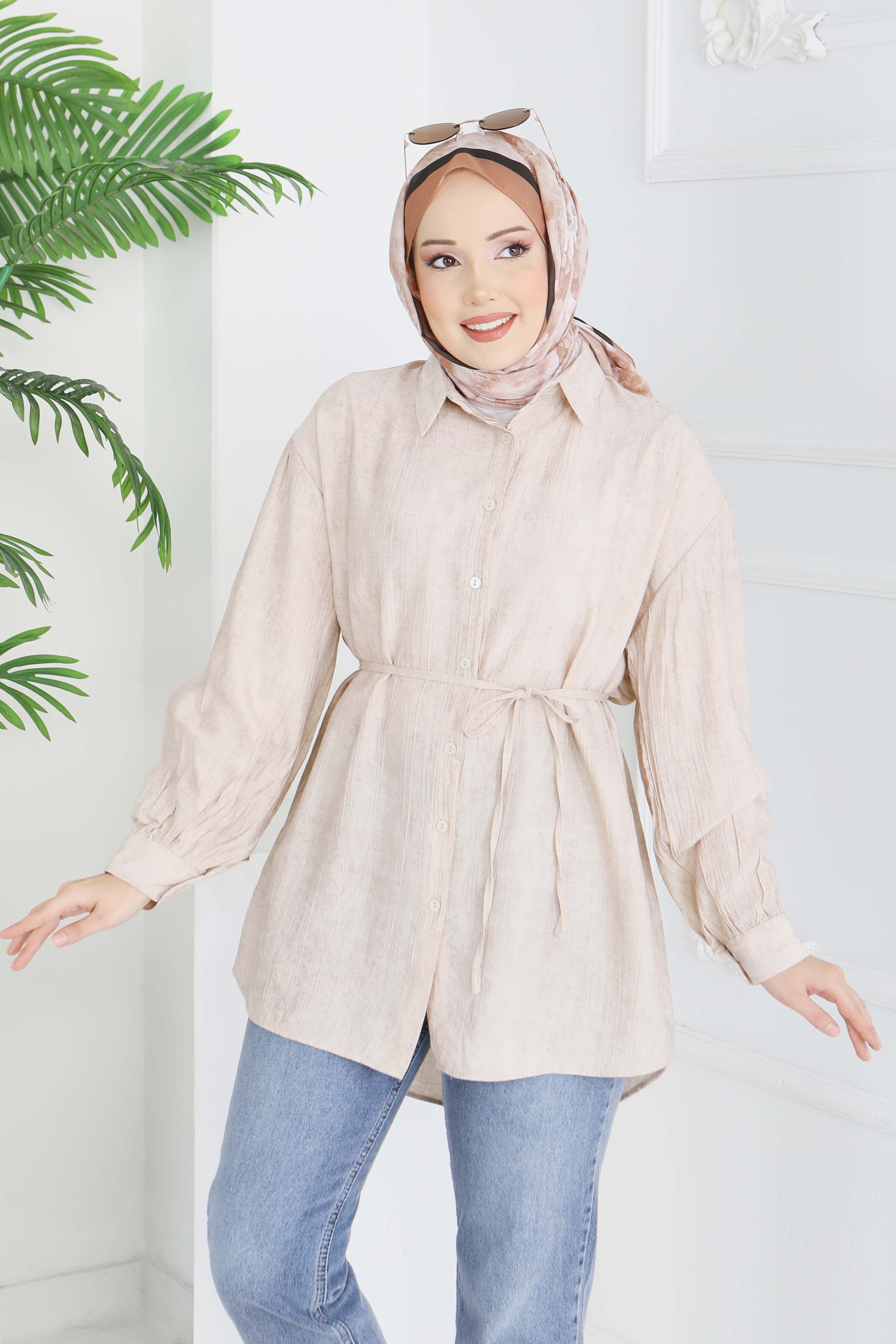 İnce Kemerli Düğmeli Tunik - 28217-BEJ - 1