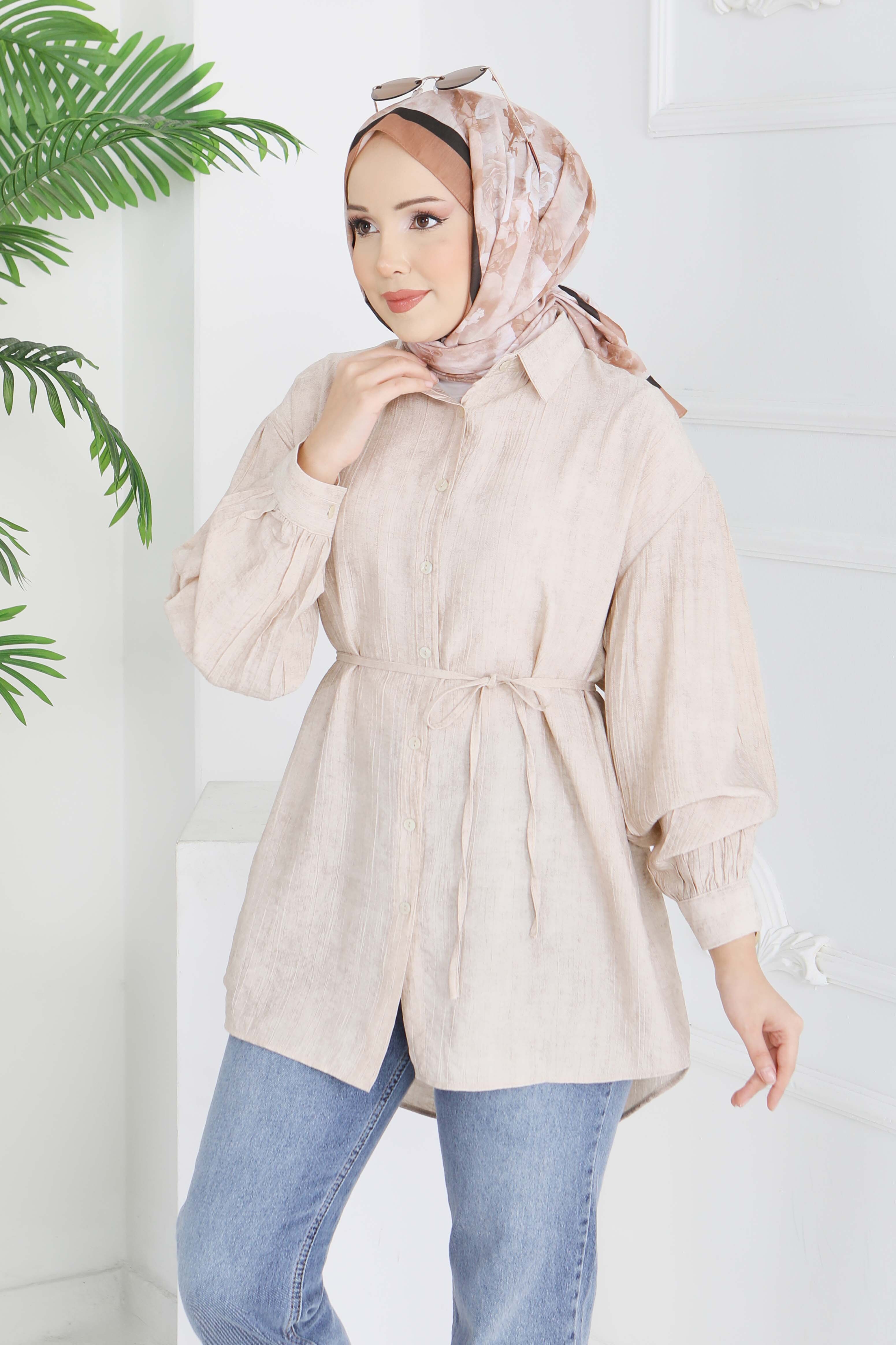 İnce Kemerli Düğmeli Tunik - 28217-BEJ - 2