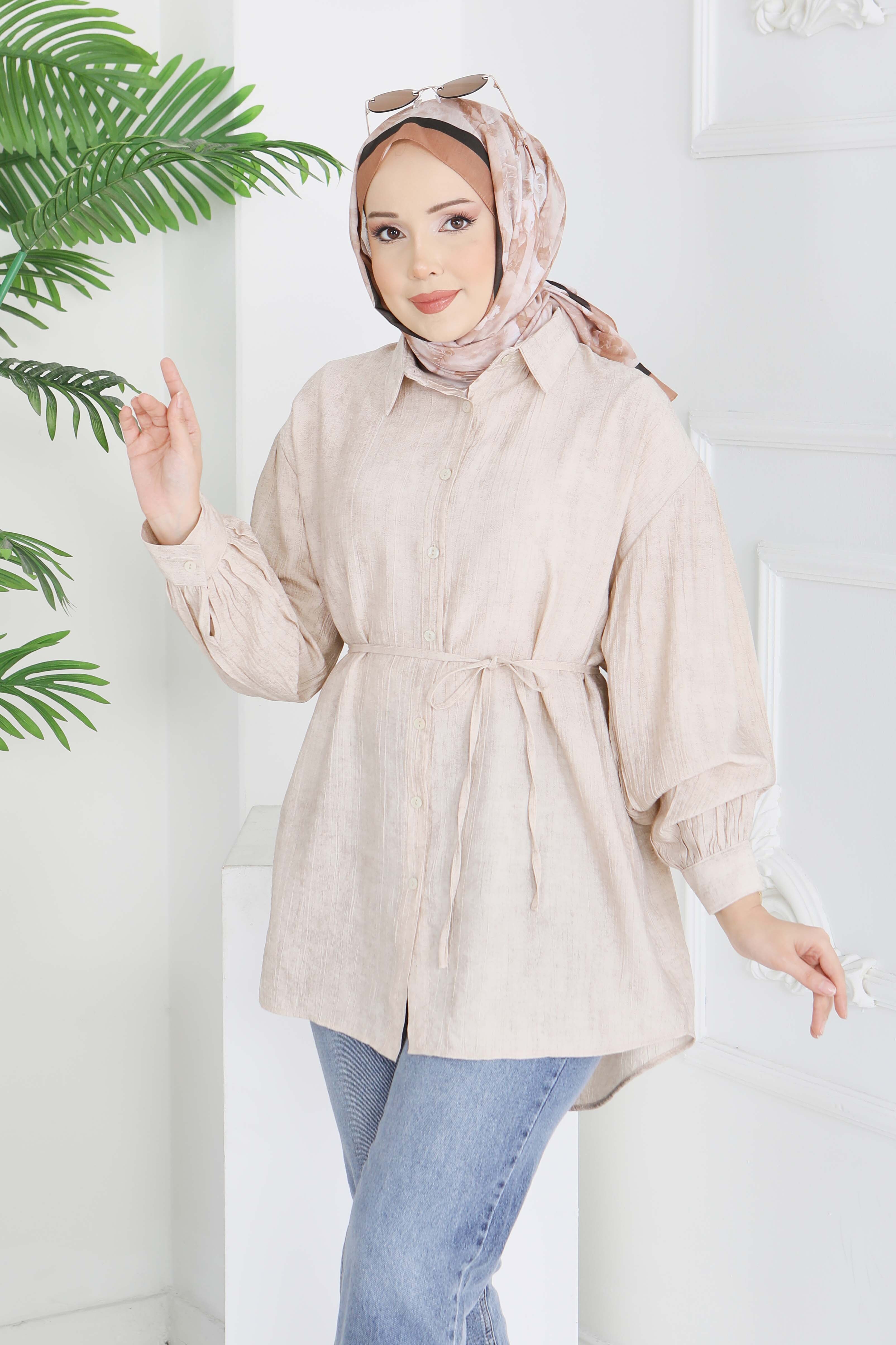 İnce Kemerli Düğmeli Tunik - 28217-BEJ - 3