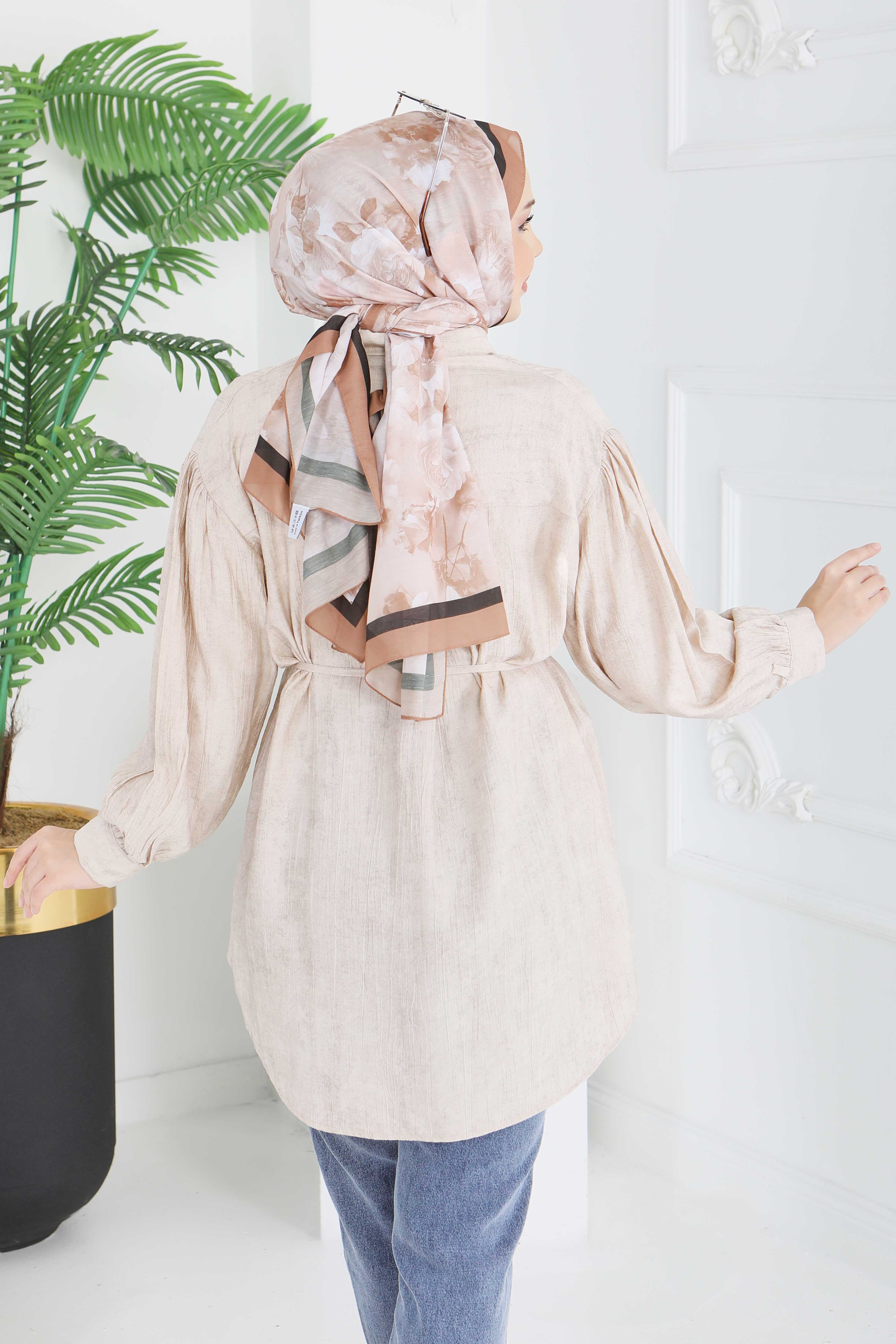 İnce Kemerli Düğmeli Tunik - 28217-BEJ - 4