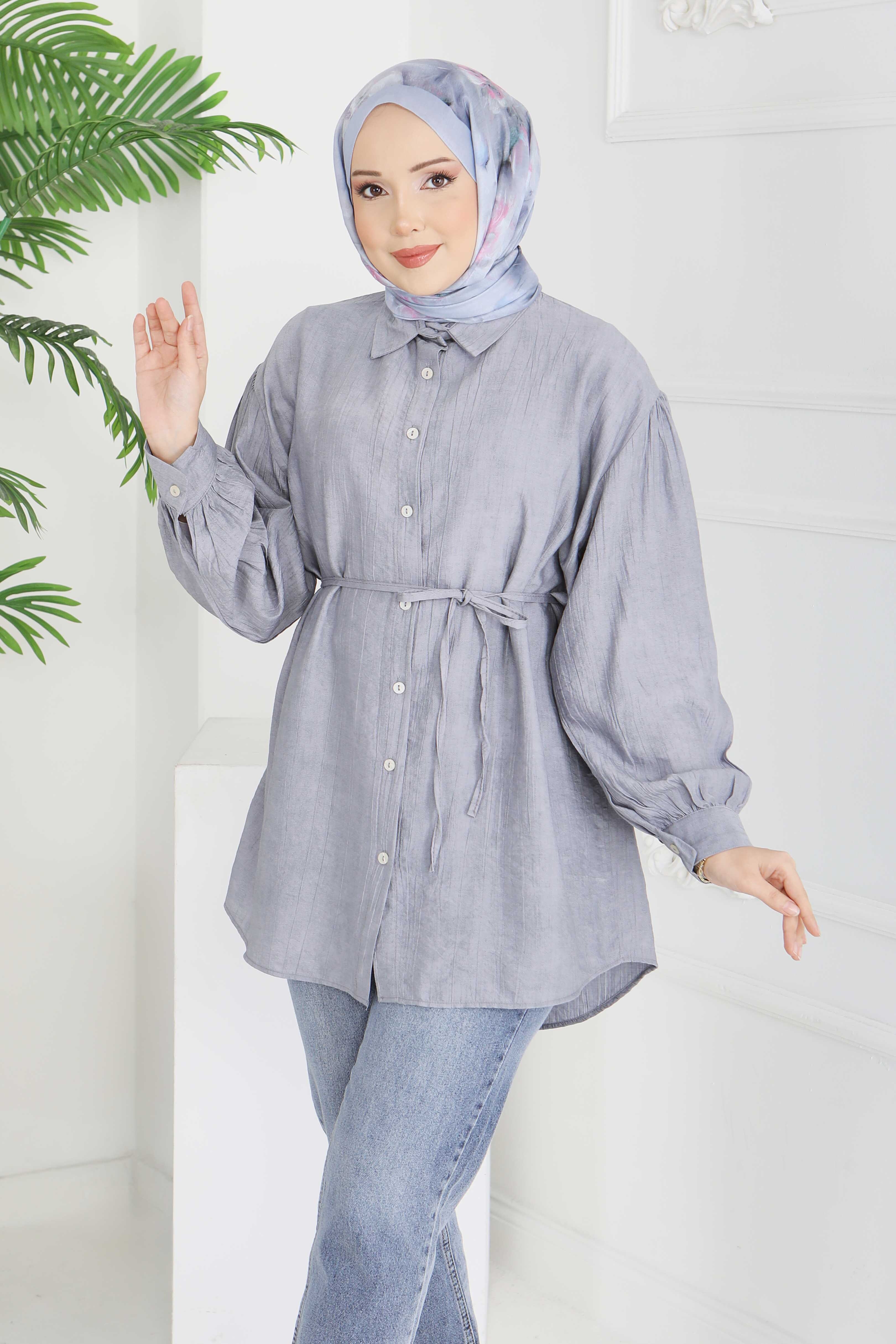 İnce Kemerli Düğmeli Tunik - 28217-FUME - 1