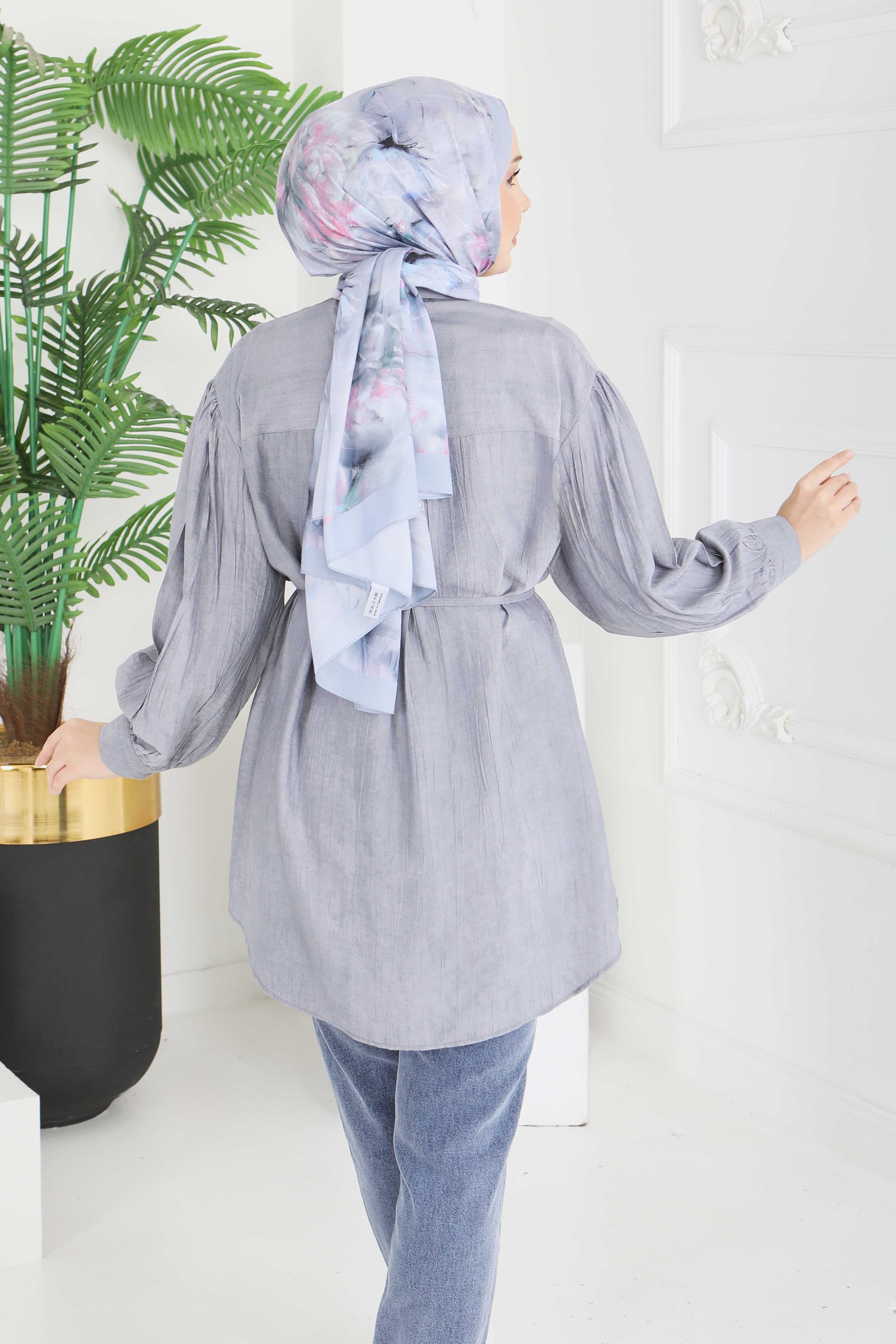 İnce Kemerli Düğmeli Tunik - 28217-FUME - 4