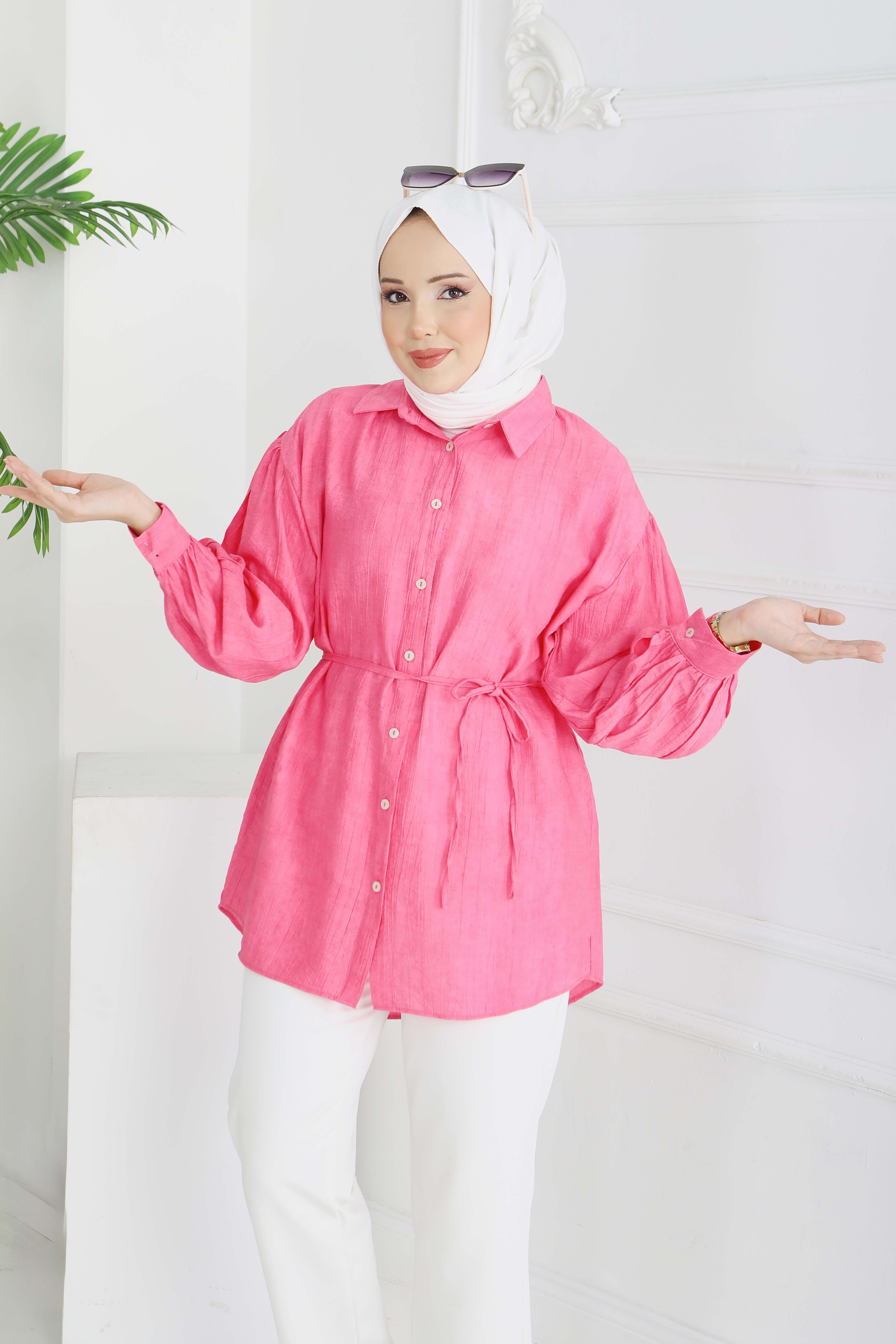 İnce Kemerli Düğmeli Tunik - 28217-FUSYA - 2