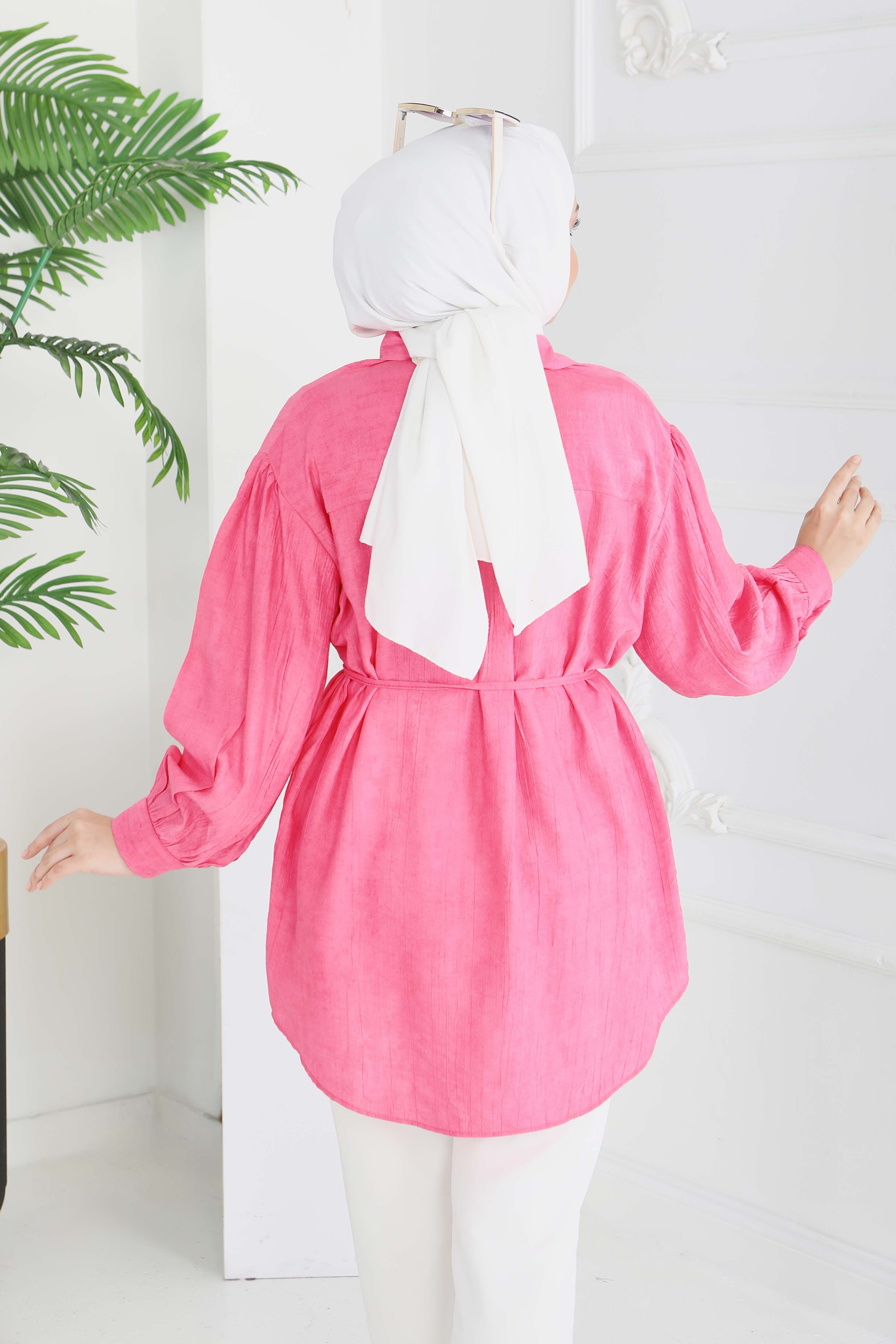 İnce Kemerli Düğmeli Tunik - 28217-FUSYA - 5