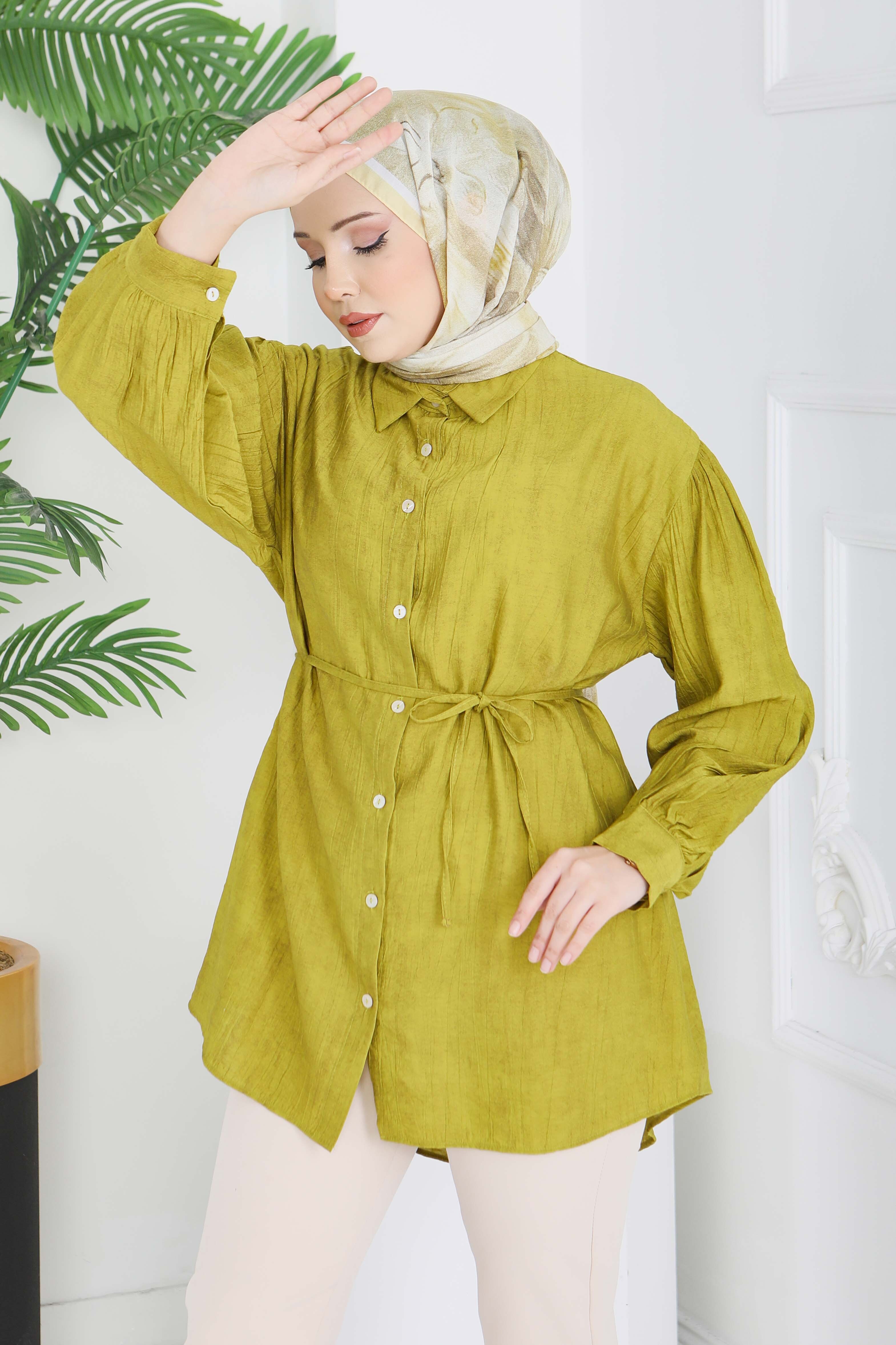 İnce Kemerli Düğmeli Tunik - 28217-YAG-YESILI - 1