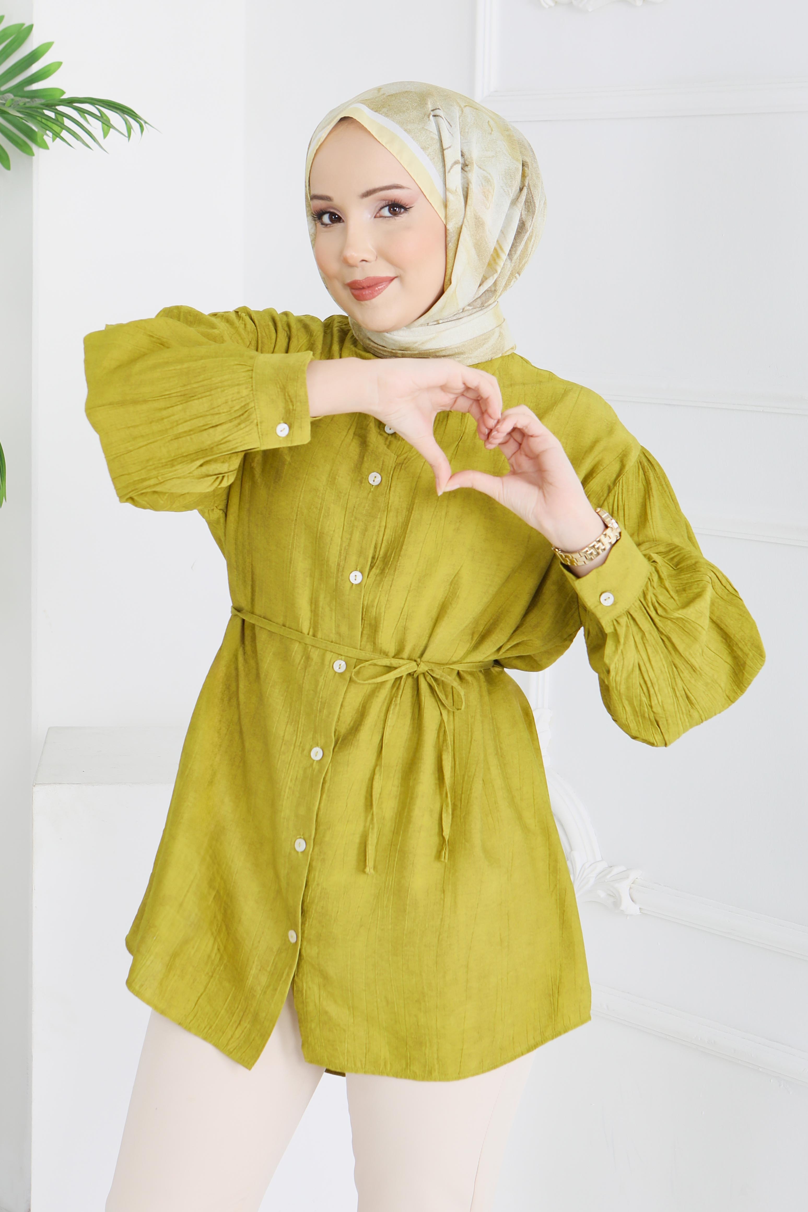 İnce Kemerli Düğmeli Tunik - 28217-YAG-YESILI - 2