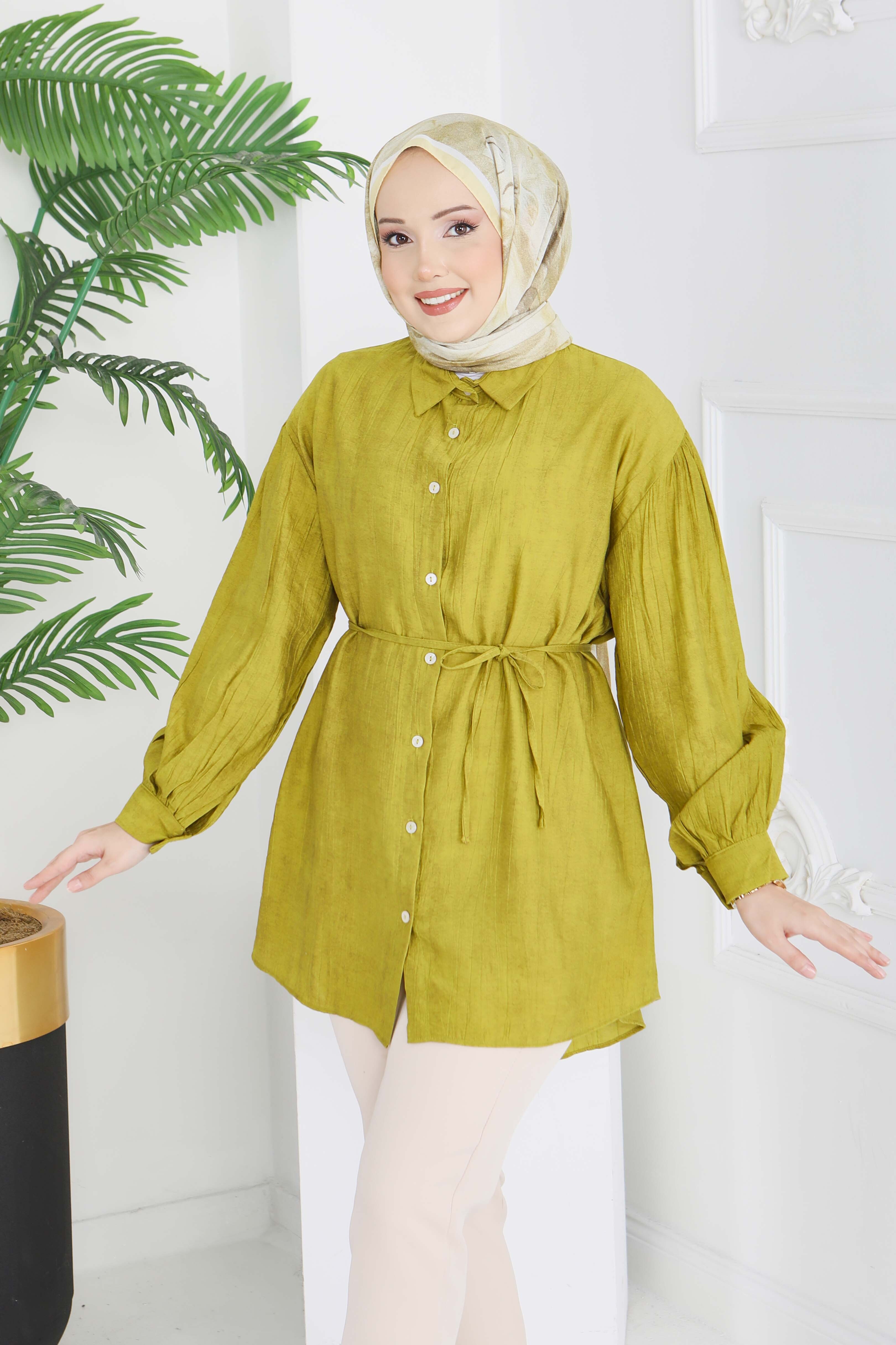 İnce Kemerli Düğmeli Tunik - 28217-YAG-YESILI - 5