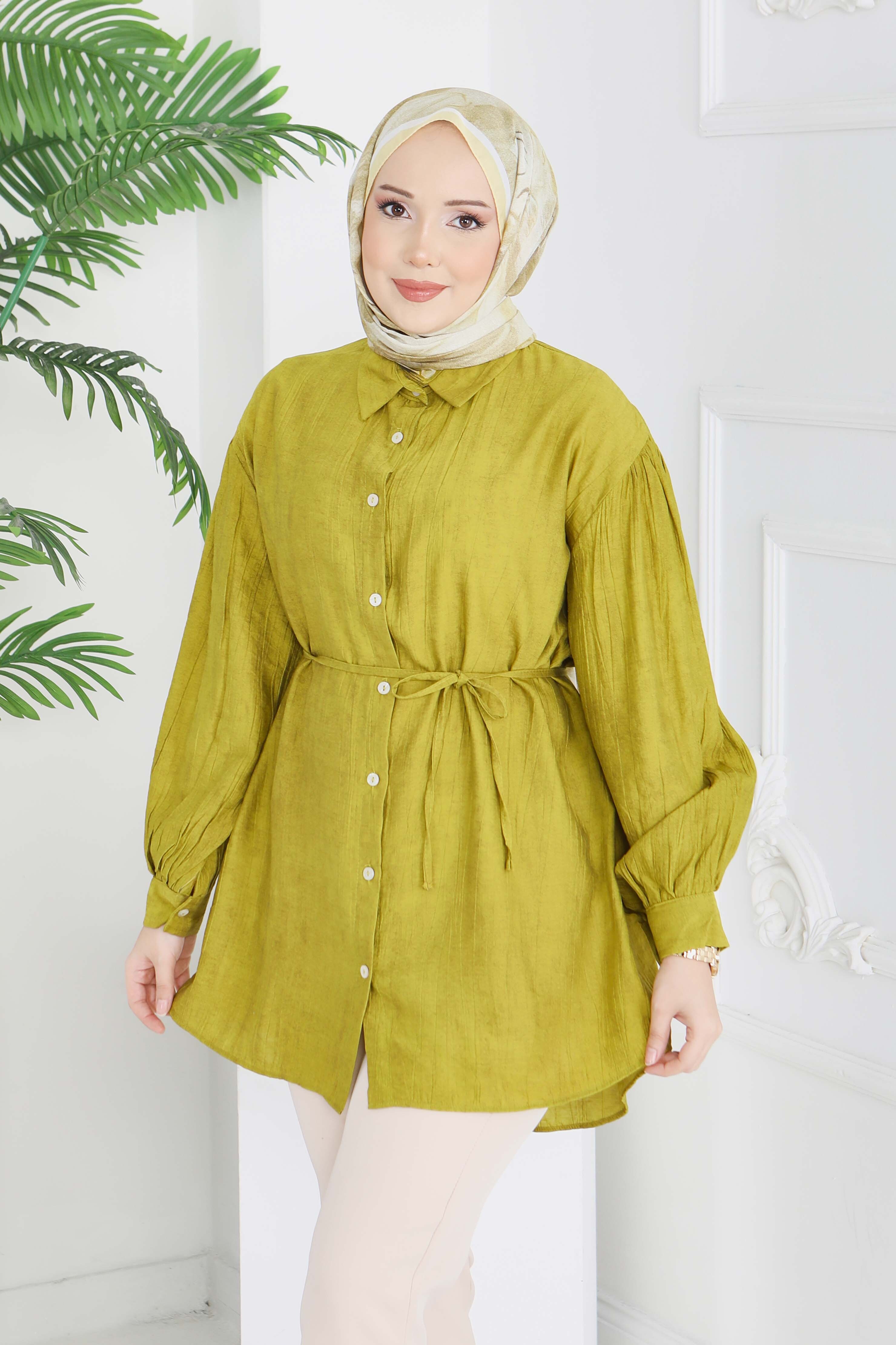 İnce Kemerli Düğmeli Tunik - 28217-YAG-YESILI - 4