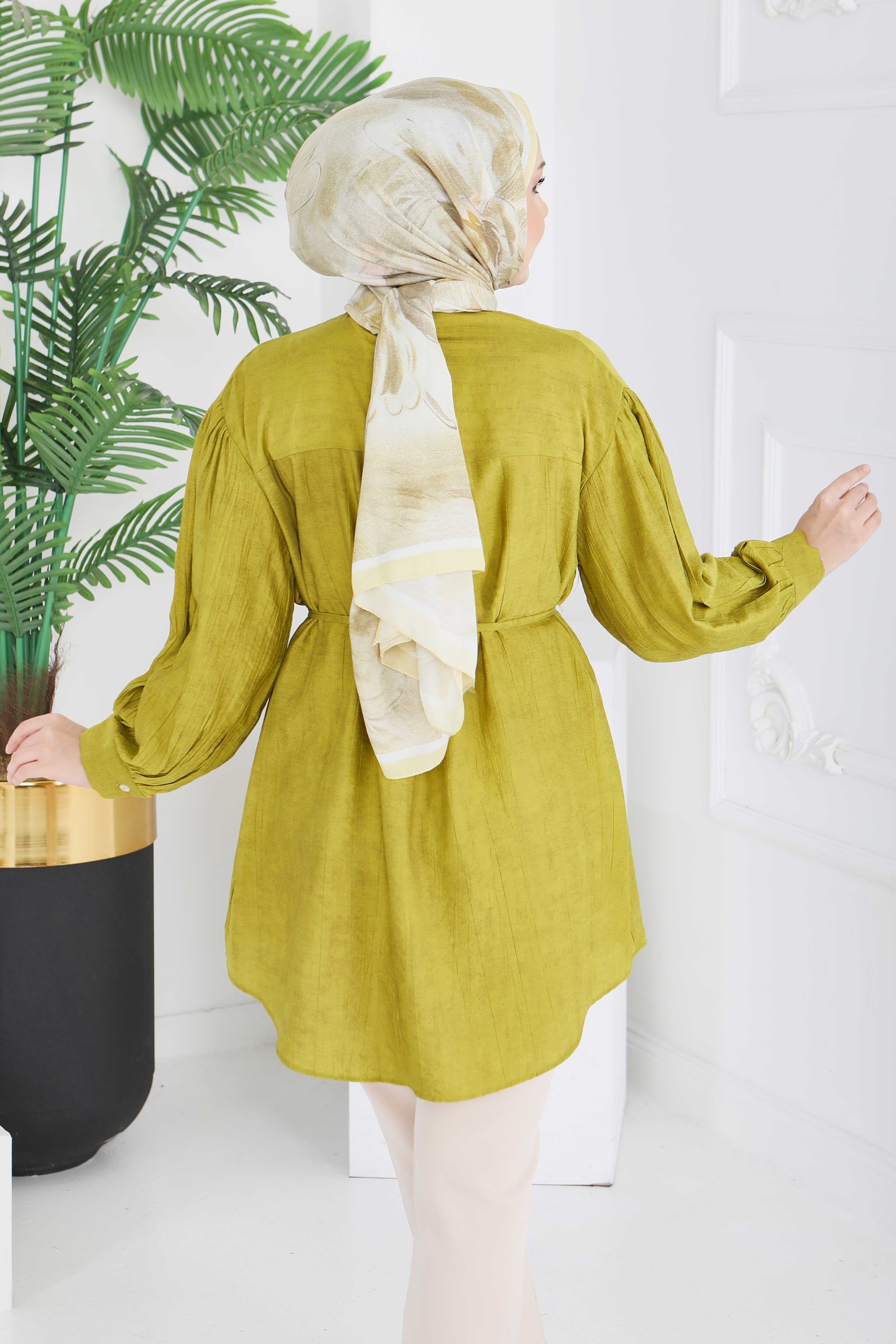 İnce Kemerli Düğmeli Tunik - 28217-YAG-YESILI - 6