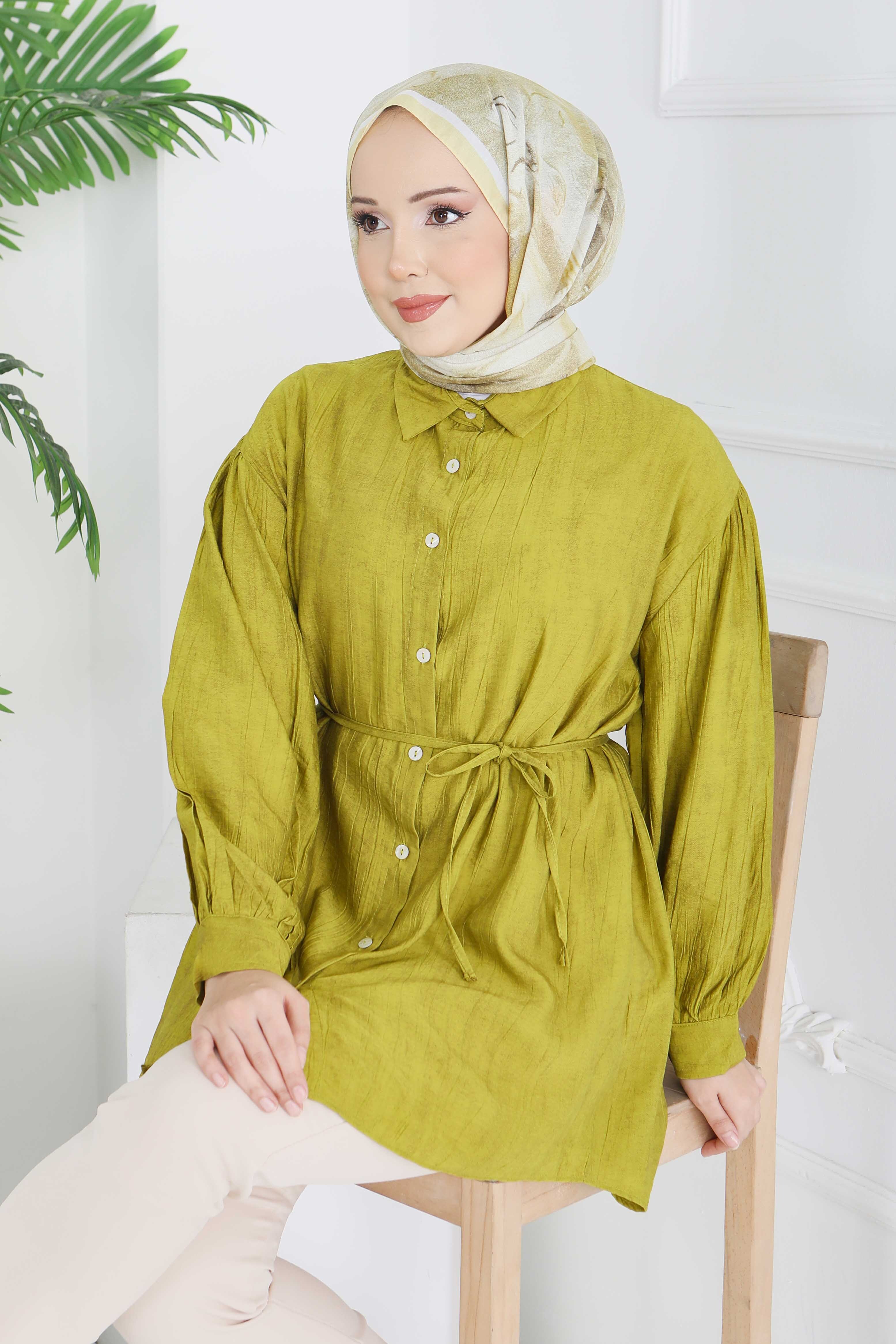 İnce Kemerli Düğmeli Tunik - 28217-YAG-YESILI - 3