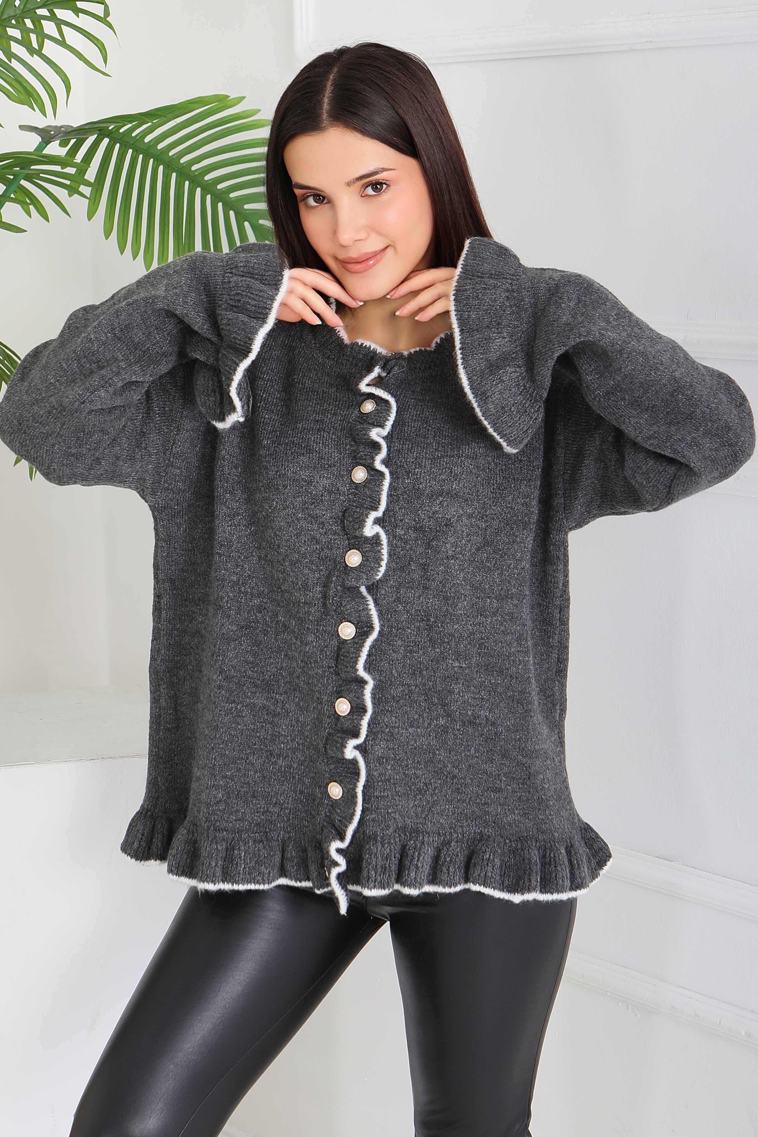 İnci Düğmeli Triko Hırka - 28005-ANTRASIT - 1