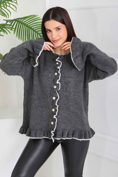 İnci Düğmeli Triko Hırka - 28005-ANTRASIT 