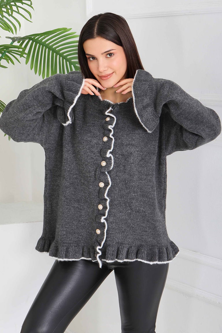 İnci Düğmeli Triko Hırka - 28005-ANTRASIT - TOFİSA