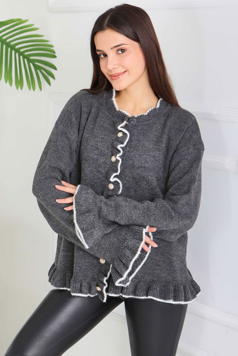 İnci Düğmeli Triko Hırka - 28005-ANTRASIT - TOFİSA