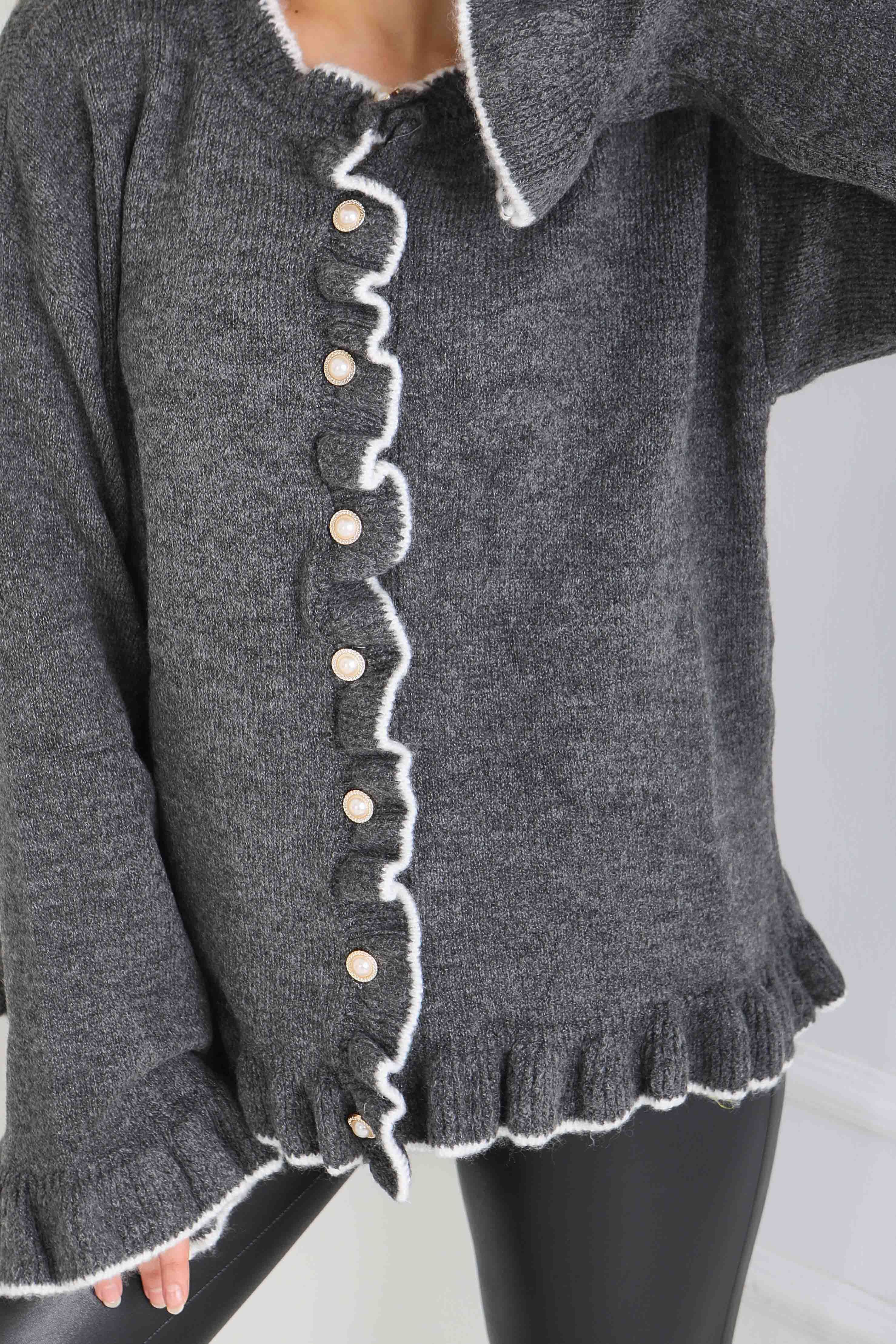 İnci Düğmeli Triko Hırka - 28005-ANTRASIT - 3