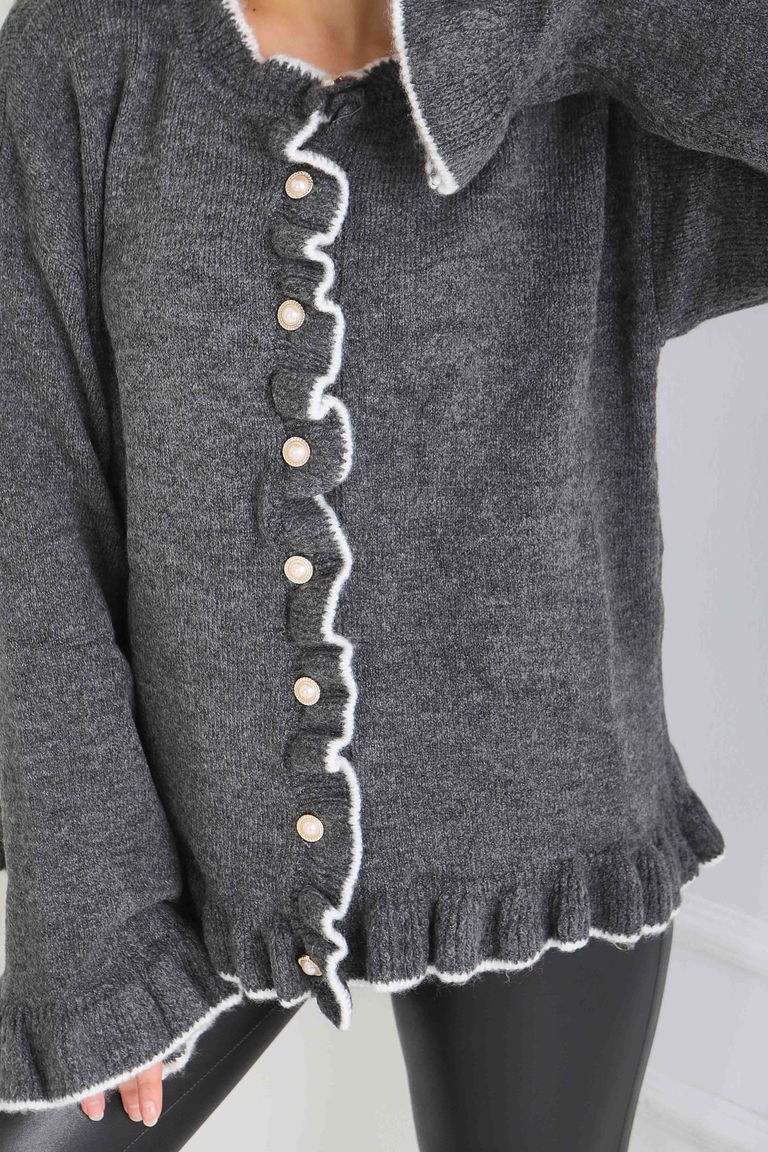 İnci Düğmeli Triko Hırka - 28005-ANTRASIT - TOFİSA