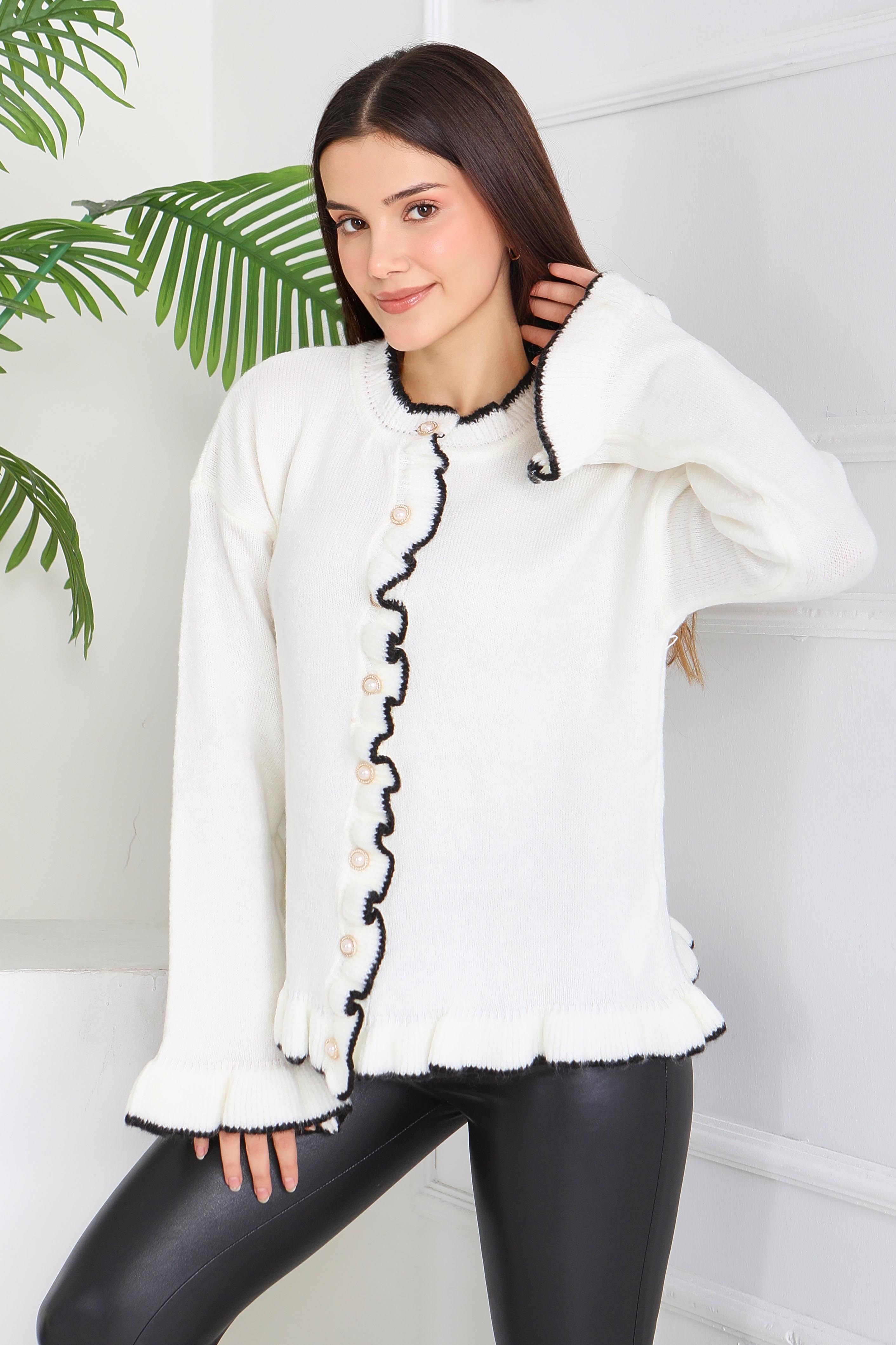 İnci Düğmeli Triko Hırka - 28005-BEYAZ - 1