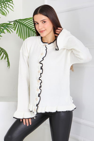 İnci Düğmeli Triko Hırka - 28005-BEYAZ 