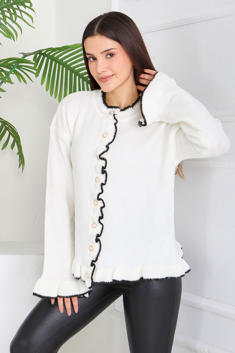 İnci Düğmeli Triko Hırka - 28005-BEYAZ - TOFİSA