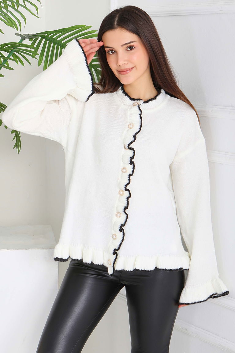 İnci Düğmeli Triko Hırka - 28005-BEYAZ - TOFİSA