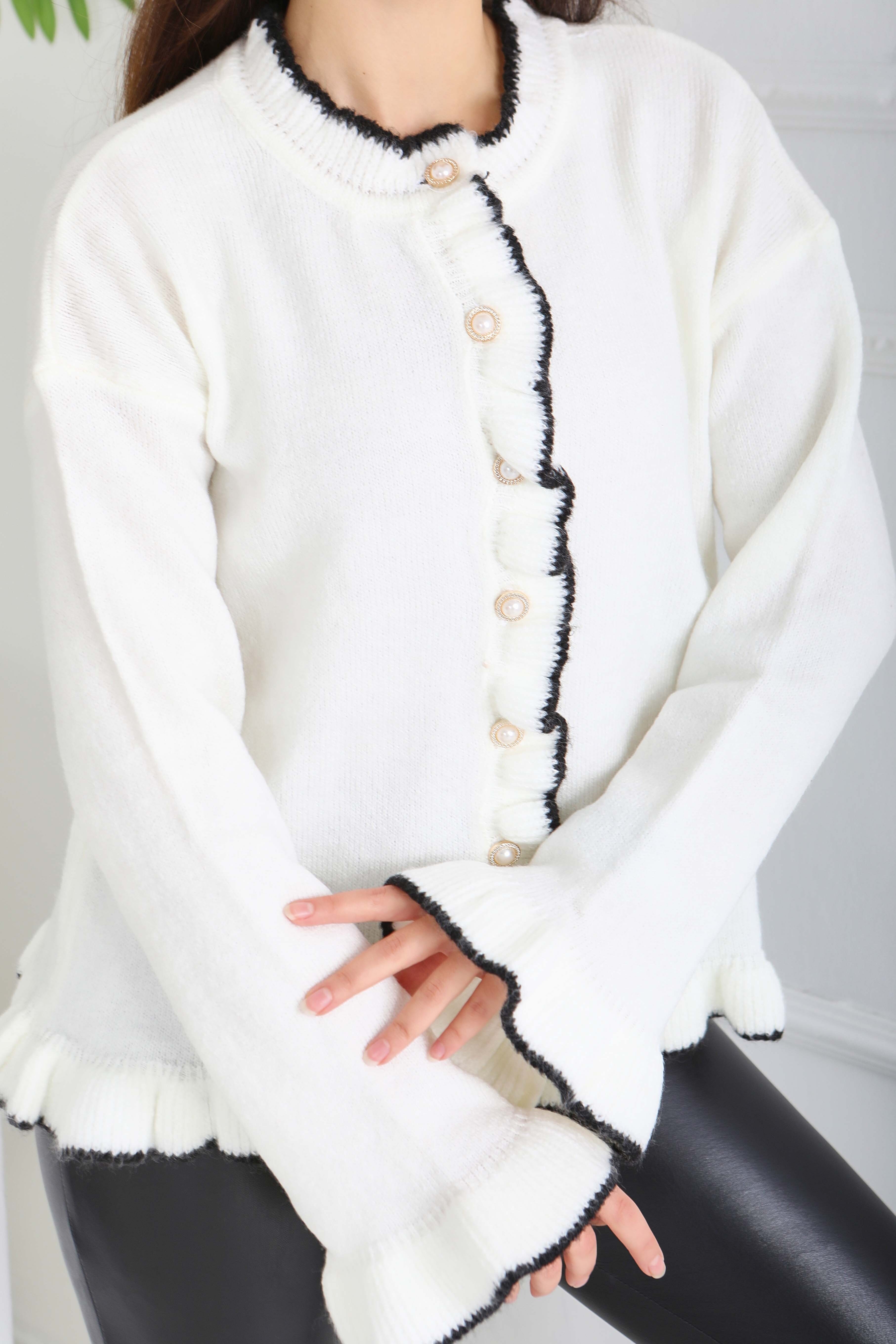 İnci Düğmeli Triko Hırka - 28005-BEYAZ - 3